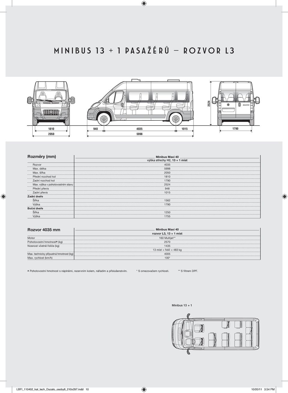 výška v pohotovostním stavu 2524 Zadní převis Výška Šířka 1250 Výška 1755 Rozvor 4035 mm Minibus Maxi 40 rozvor L3, 13 + 1 míst Motor 160 Multijet** Pohotovostní