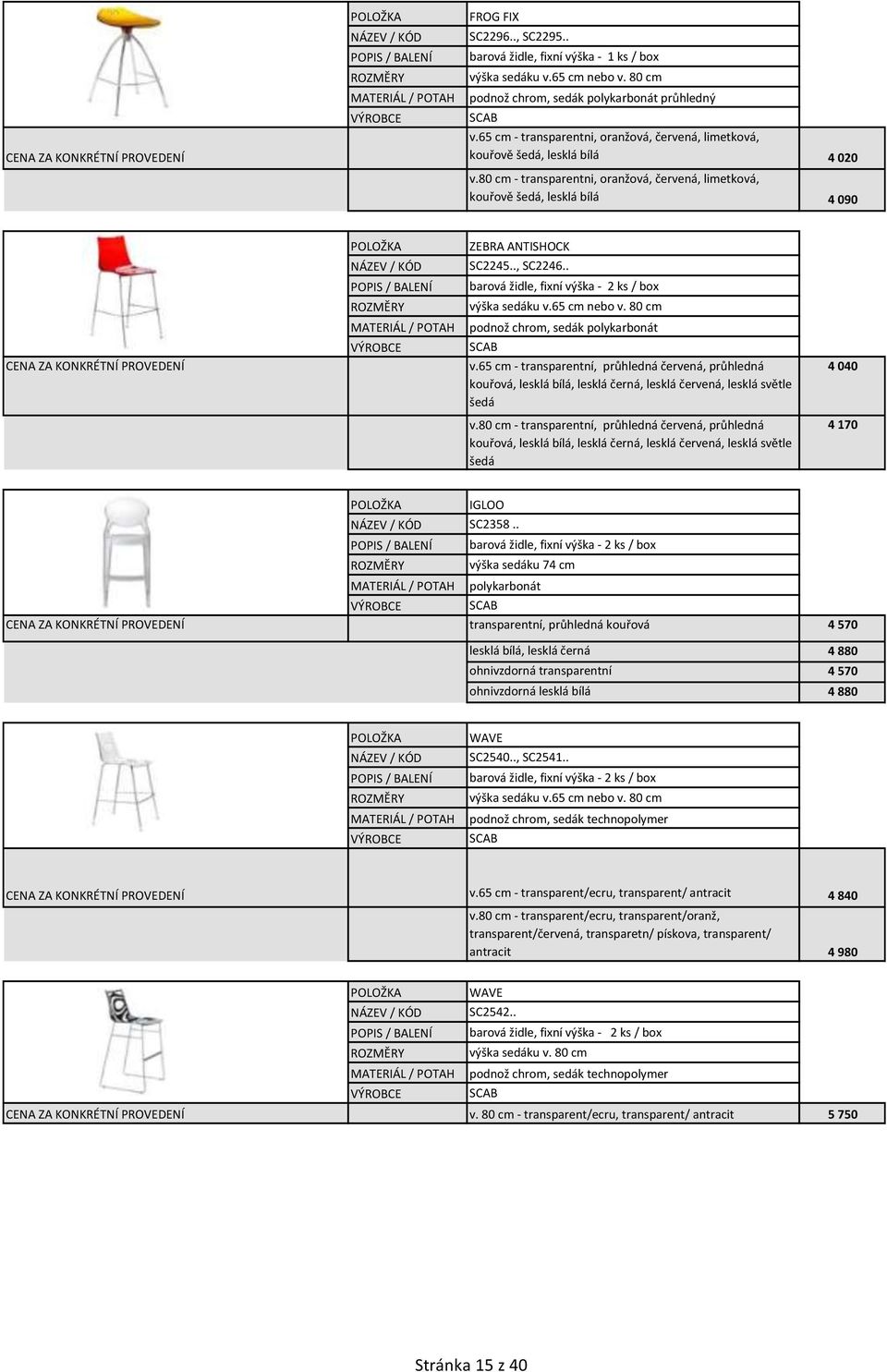 80 cm - transparentni, oranžová, červená, limetková, kouřově šedá, lesklá bílá 4 090 / BALENÍ ZEBRA ANTISHOCK SC2245.., SC2246.. barová židle, fixní výška - 2 ks / box výška sedáku v.65 cm nebo v.