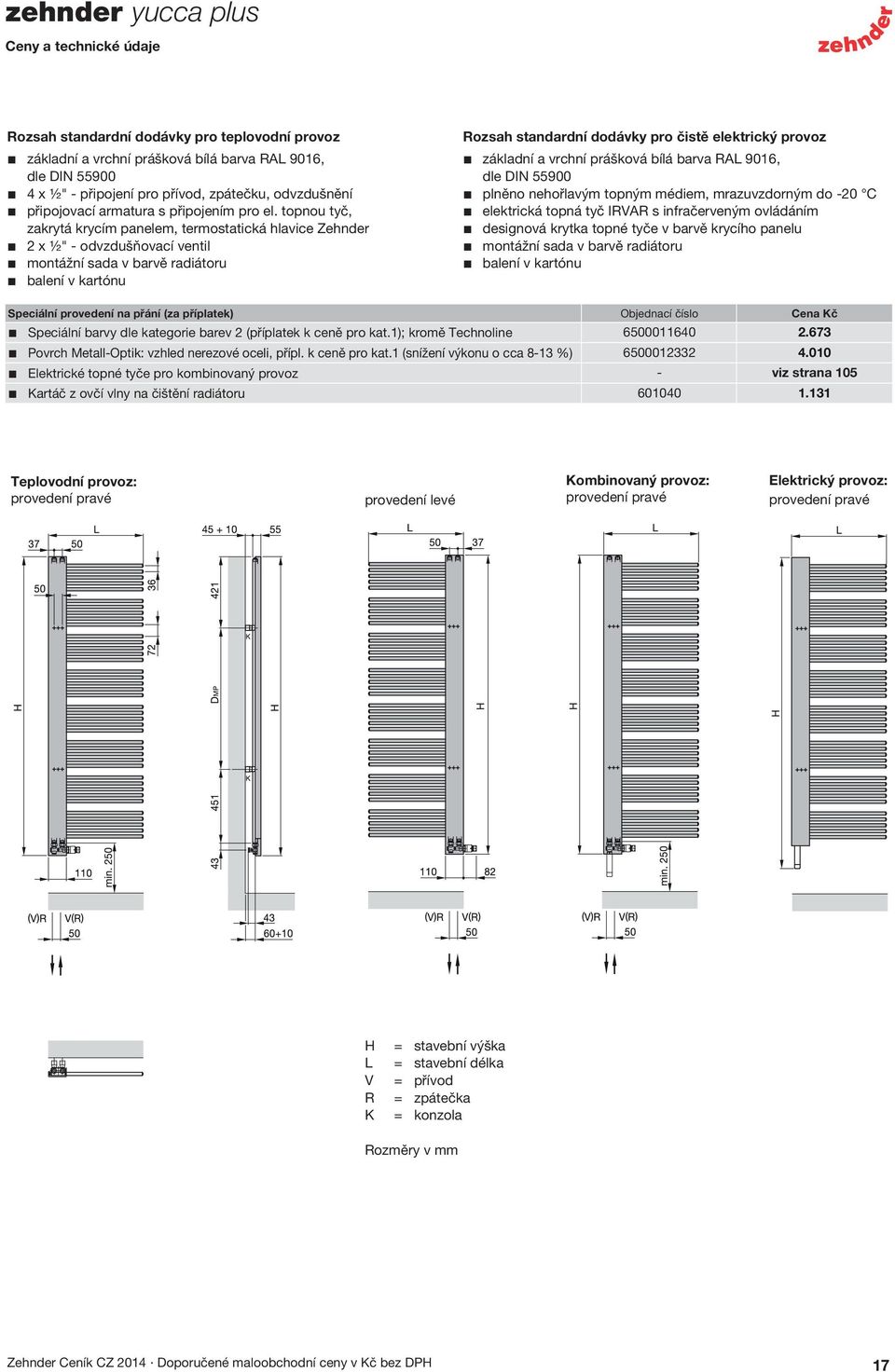 topnou tyč, zakrytá krycím panelem, termostatická hlavice Zehnder 2 x ½" - odvzdušňovací ventil montážní sada v barvě radiátoru balení v kartónu Rozsah standardní dodávky pro čistě elektrický provoz