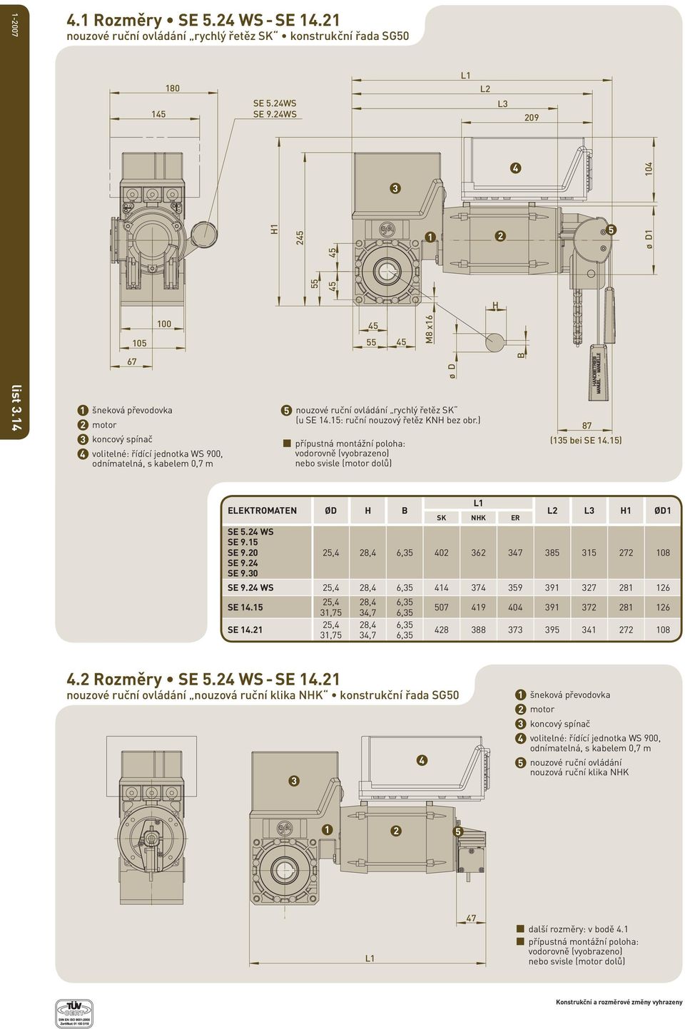 WS H M8 x6 ø D L nouzové ruční ovládání rychlý řetěz SK (u SE.: ruční nouzový řetěz KNH bez obr.) přípustná montážní poloha: vodorovně (vyobrazeno) nebo svisle (motor dolů) L H L B 09 87 ( bei SE.