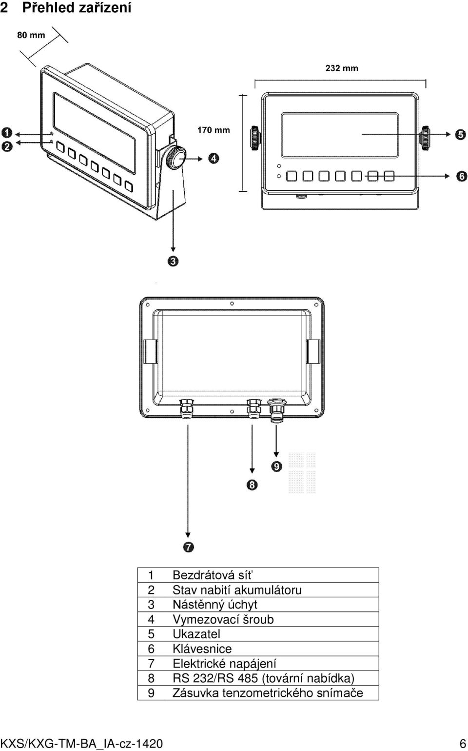 6 Klávesnice 7 Elektrické napájení 8 RS 232/RS 485 (tovární