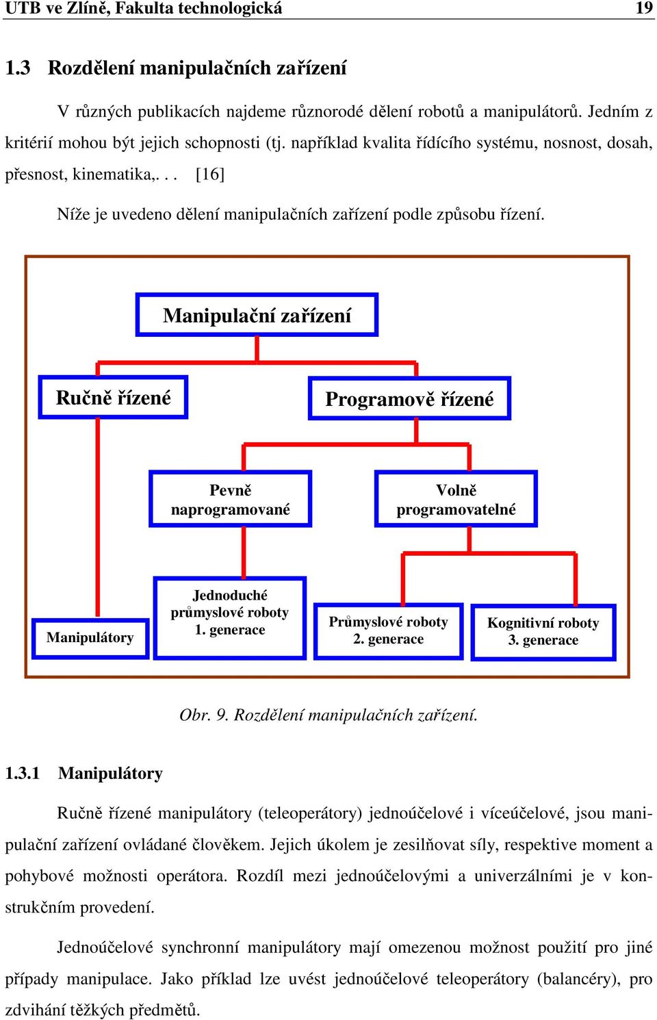 Manipulační zařízení Ručně řízené Programově řízené Pevně naprogramované Volně programovatelné Manipulátory Jednoduché průmyslové roboty 1. generace Průmyslové roboty 2. generace Kognitivní roboty 3.