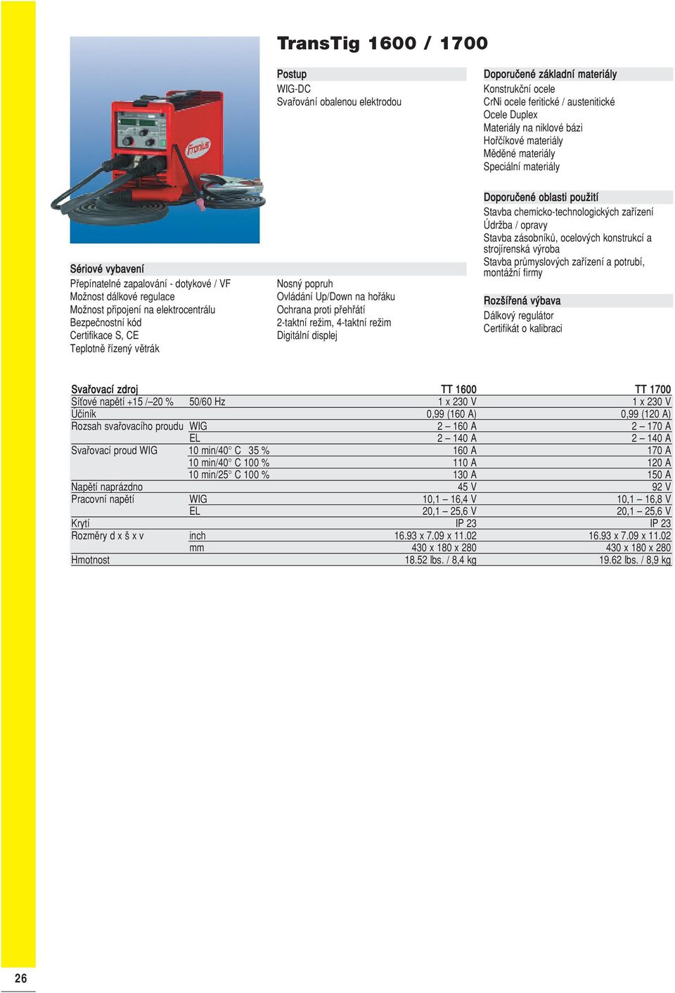 Svafiovací z droj TT 160 0 TT 170 0 SíÈové napûtí +15 / 20 % 50/60 Hz 1 x 230 V 1 x 230 V Úãiník 0,99 (160 A) 0,99 (120 A) Rozsah svafiovacího proudu WIG 2 160 A 2 170 A EL 2 140 A 2 140 A Svafiovací