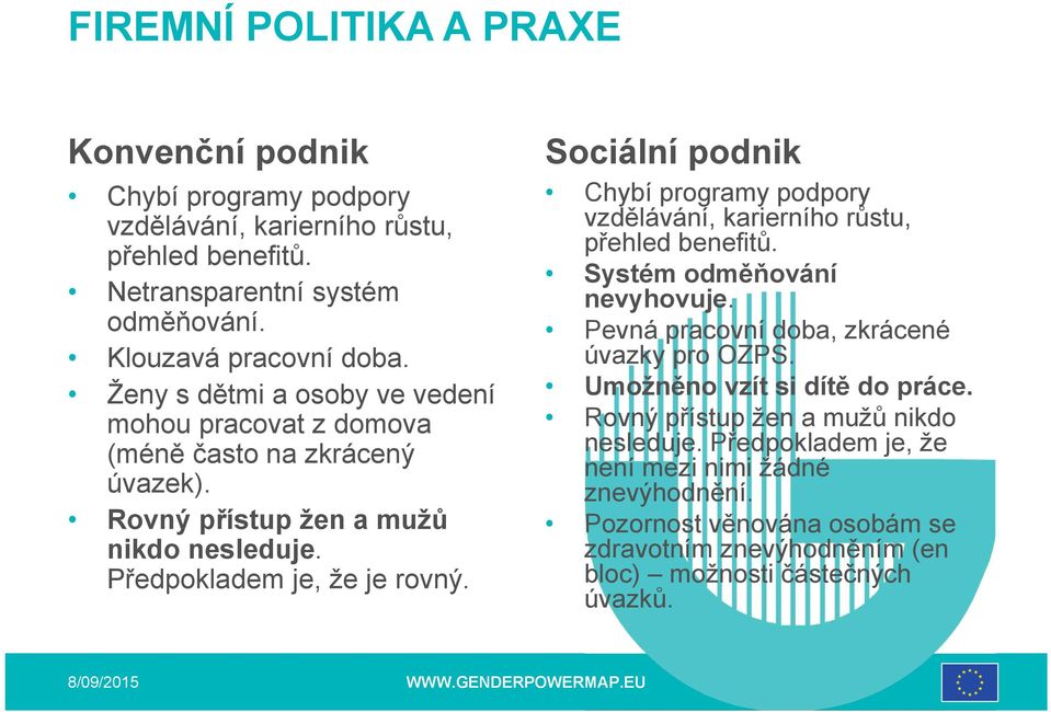 Sociální podnik Chybí programy podpory vzdělávání, karierního růstu, přehled benefitů. Systém odměňování nevyhovuje. Pevná pracovní doba, zkrácené úvazky pro OZPS.