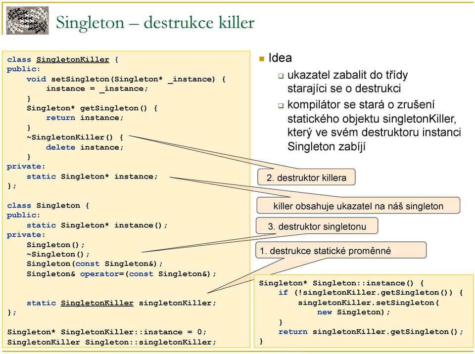 Singleton&); ; static SingletonKiller singletonkiller; Singleton* SingletonKiller::instance = 0; SingletonKiller Singleton::singletonKiller; Idea ukazatel zabalit do třídy starajíci se o destrukci