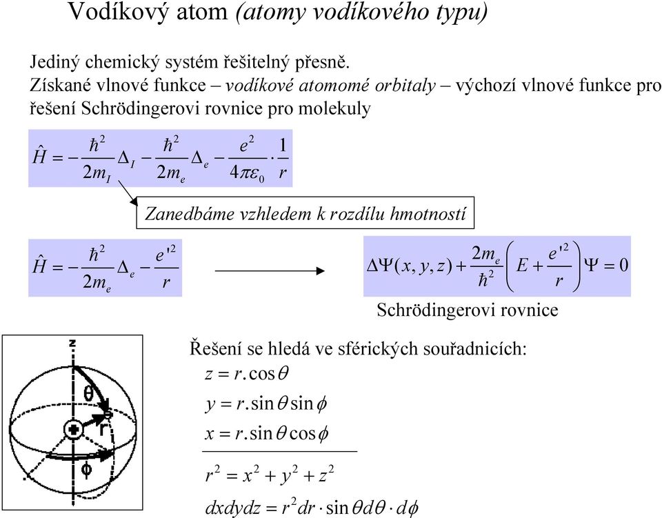 Hˆ e = ΔI Δe m m 4πε r I e 0 Zaedbáme vzhledem k rozdílu hmotostí Hˆ = Δe m e' r e me e' ΔΨ ( xyz,, ) +