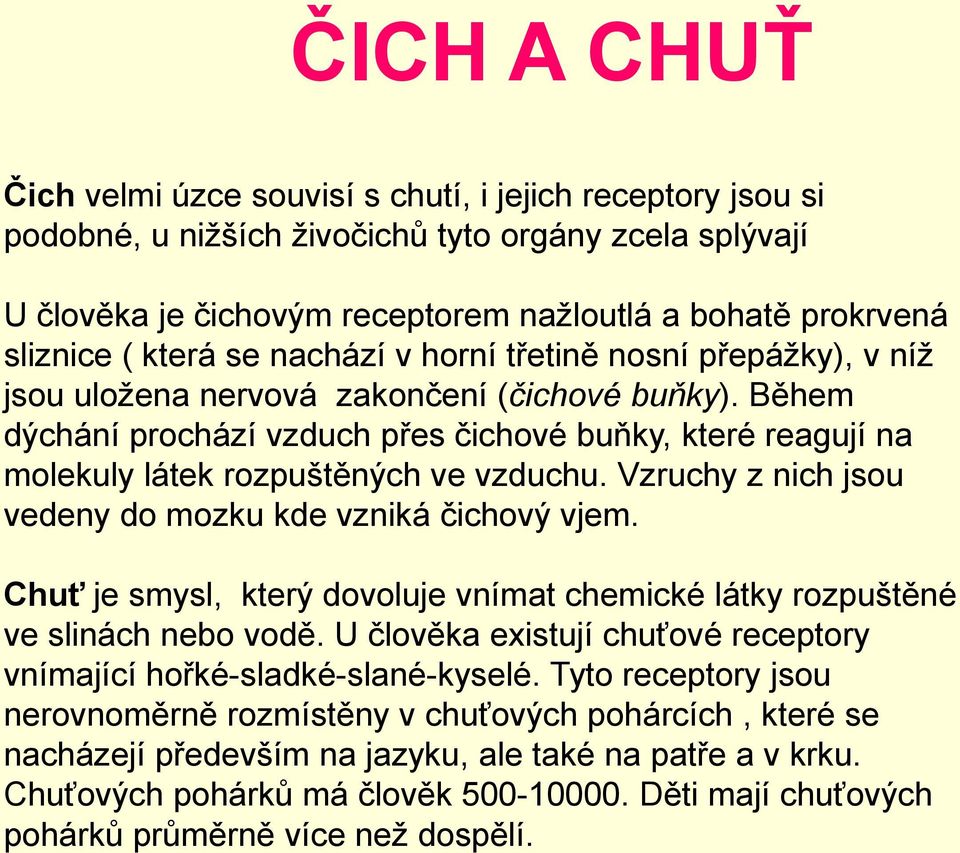 Během dýchání prochází vzduch přes čichové buňky, které reagují na molekuly látek rozpuštěných ve vzduchu. Vzruchy z nich jsou vedeny do mozku kde vzniká čichový vjem.