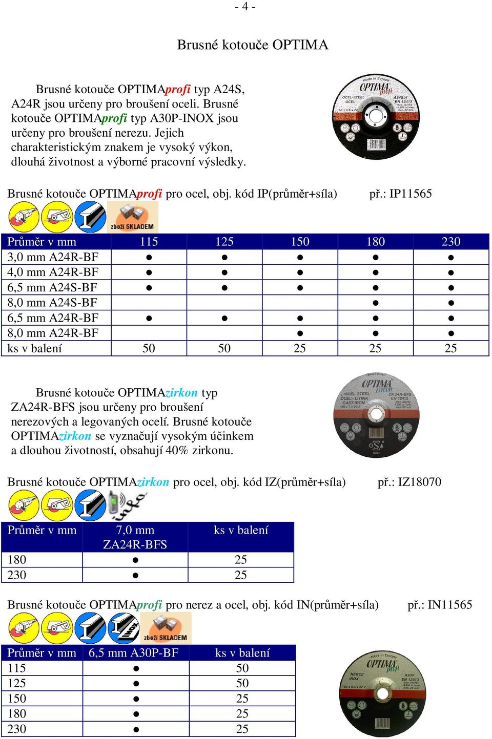 : IP11565 Prmr v mm 115 125 150 180 230 3,0 mm A24R-BF 4,0 mm A24R-BF 6,5 mm A24S-BF 8,0 mm A24S-BF 6,5 mm A24R-BF 8,0 mm A24R-BF ks v balení 50 50 25 25 25 Brusné kotoue OPTIMAzirkon typ ZA24R-BFS