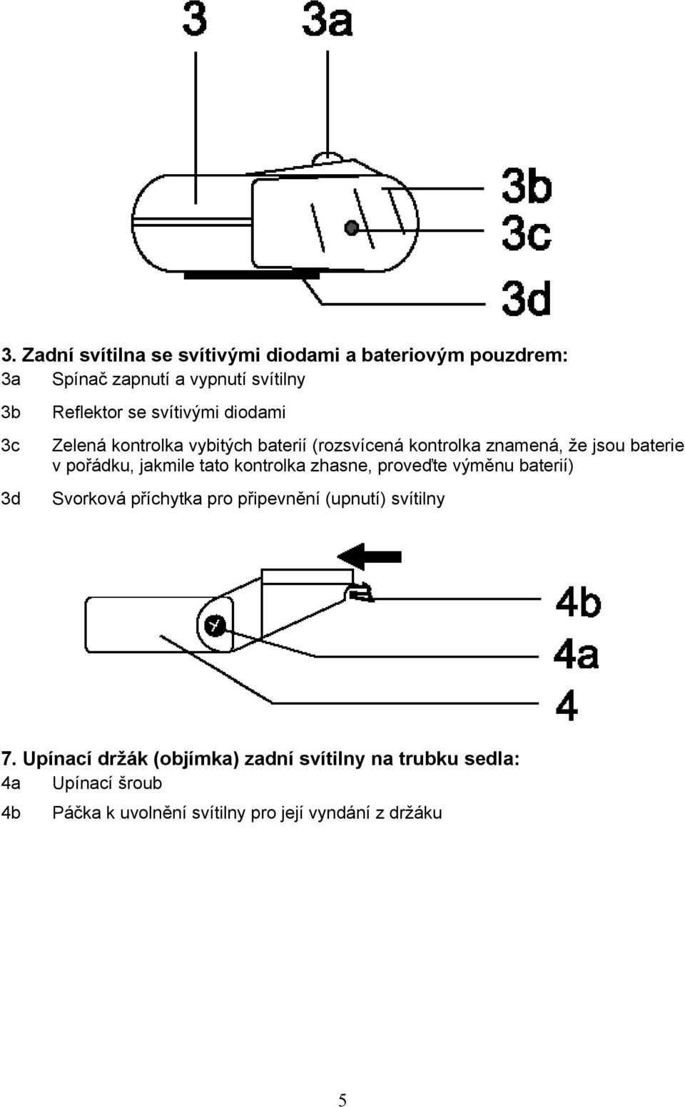 jakmile tato kontrolka zhasne, proveďte výměnu baterií) Svorková příchytka pro připevnění (upnutí) svítilny 7.