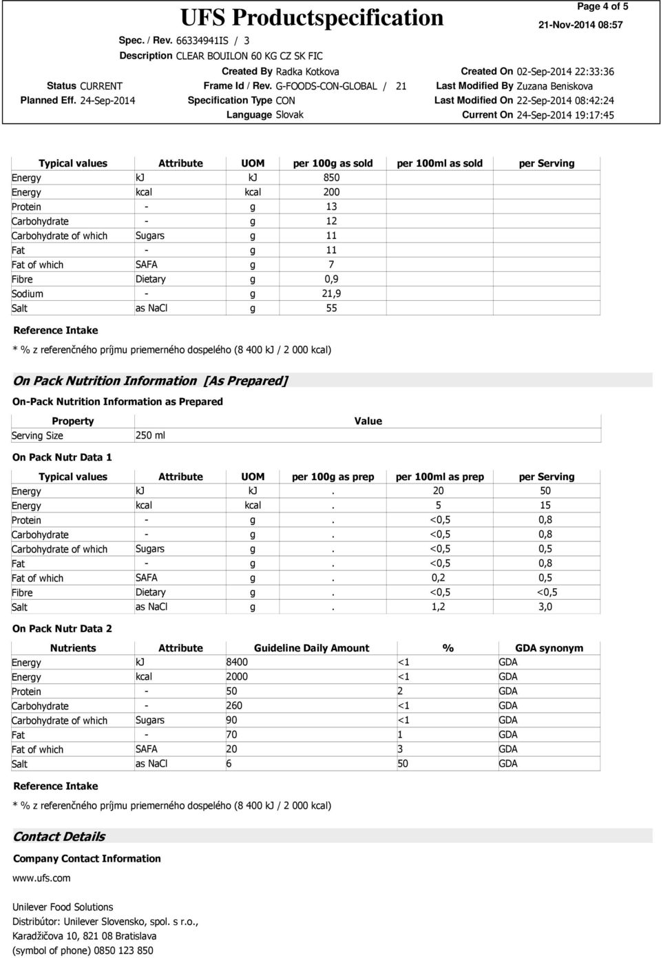 000 kcal) On Pack Nutrition Information [As Prepared] On-Pack Nutrition Information as Prepared Serving Size Property On Pack Nutr Data 1 250 ml Value Typical values Attribute UOM per 100g as prep