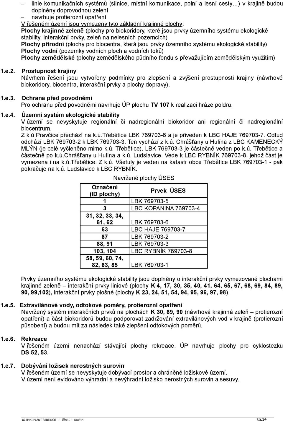 biocentra, která jsou prvky územního systému ekologické stability) Plochy vodní (pozemky vodních ploch a vodních toků) Plochy zemědělské (plochy zemědělského půdního fondu s převažujícím zemědělským