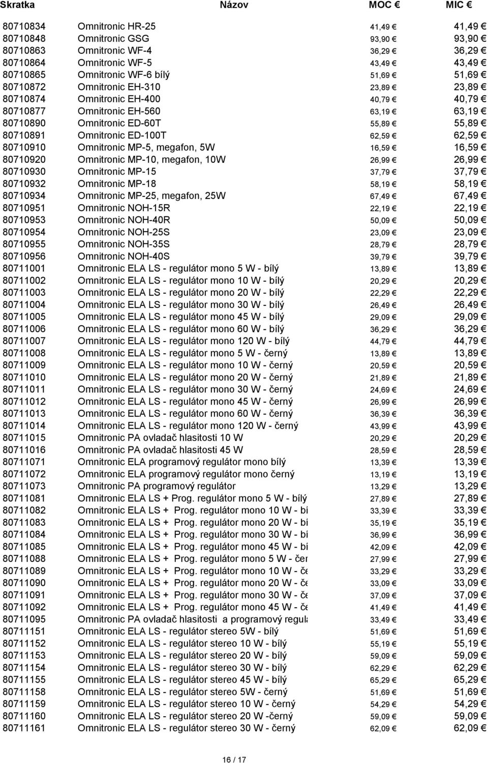 Omnitronic MP-5, megafon, 5W 16,59 16,59 80710920 Omnitronic MP-10, megafon, 10W 26,99 26,99 80710930 Omnitronic MP-15 37,79 37,79 80710932 Omnitronic MP-18 58,19 58,19 80710934 Omnitronic MP-25,