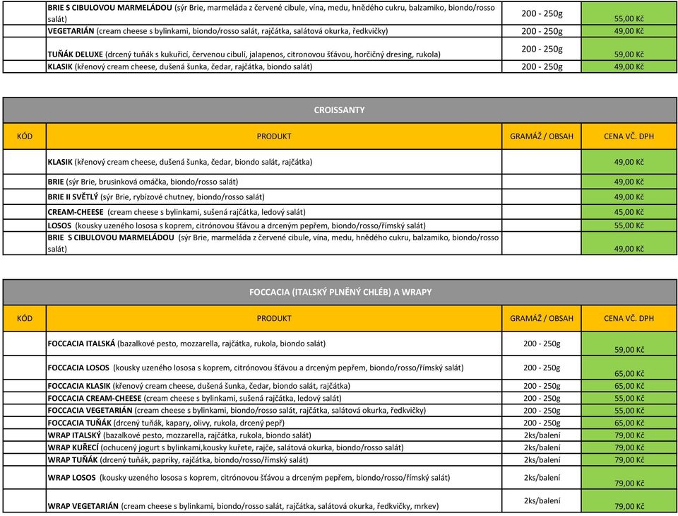 sušená rajčátka, ledový LOSOS (kousky uzeného lososa s koprem, citrónovou šťávou a drceným pepřem, biondo/rosso/římský 45,00 Kč FOCCACIA (ITALSKÝ PLNĚNÝ CHLÉB) A WRAPY FOCCACIA ITALSKÁ (bazalkové