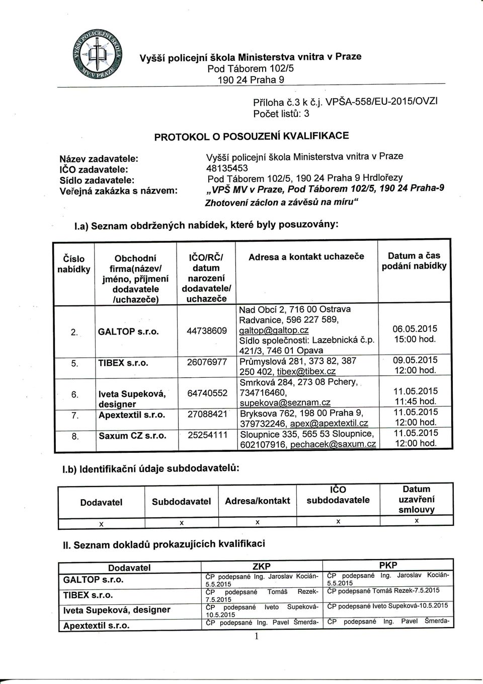 VPSA-558/EU-2015/OVZI Pocet listu: 3 PROTOKOL O POSOUZENI KVALIFIKACE Nazev zadavatele: i skola Ministerstva vnitra v Praze ICO zadavatele: 48135453 SidIo zadavatele: Pod Taborem 102/5, 190 24 Praha
