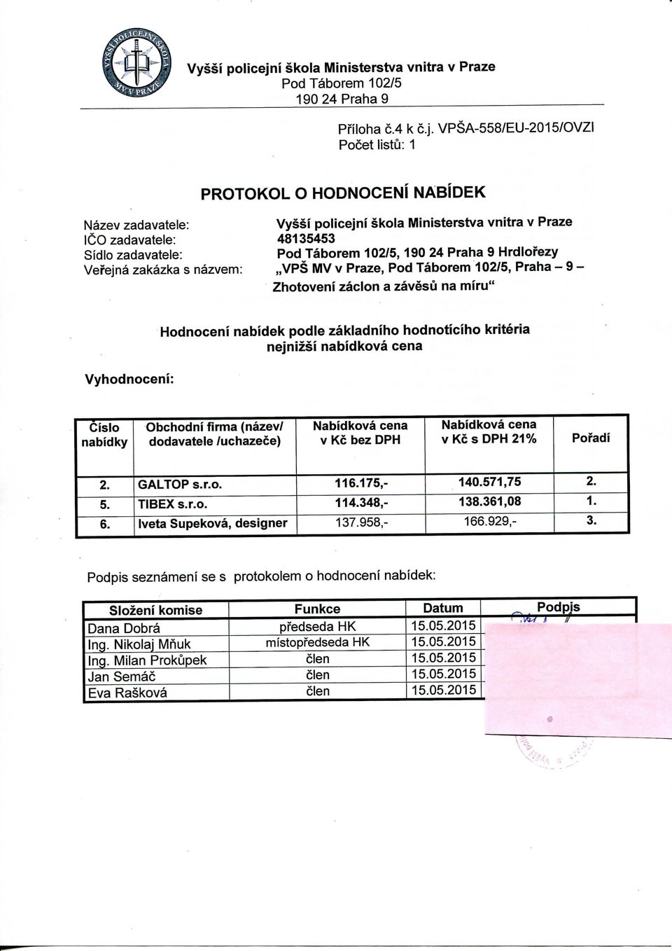 VPSA-558/EU-2015/OVZI Pocet listu: 1 PROTOKOL O HODNOCENI NABIDEK Nazev zadavatele: i skola Ministerstva vnitra v Praze ICO zadavatele: 48135453 SidIo zadavatele: Pod Taborem 102/5,190 24 Praha 9