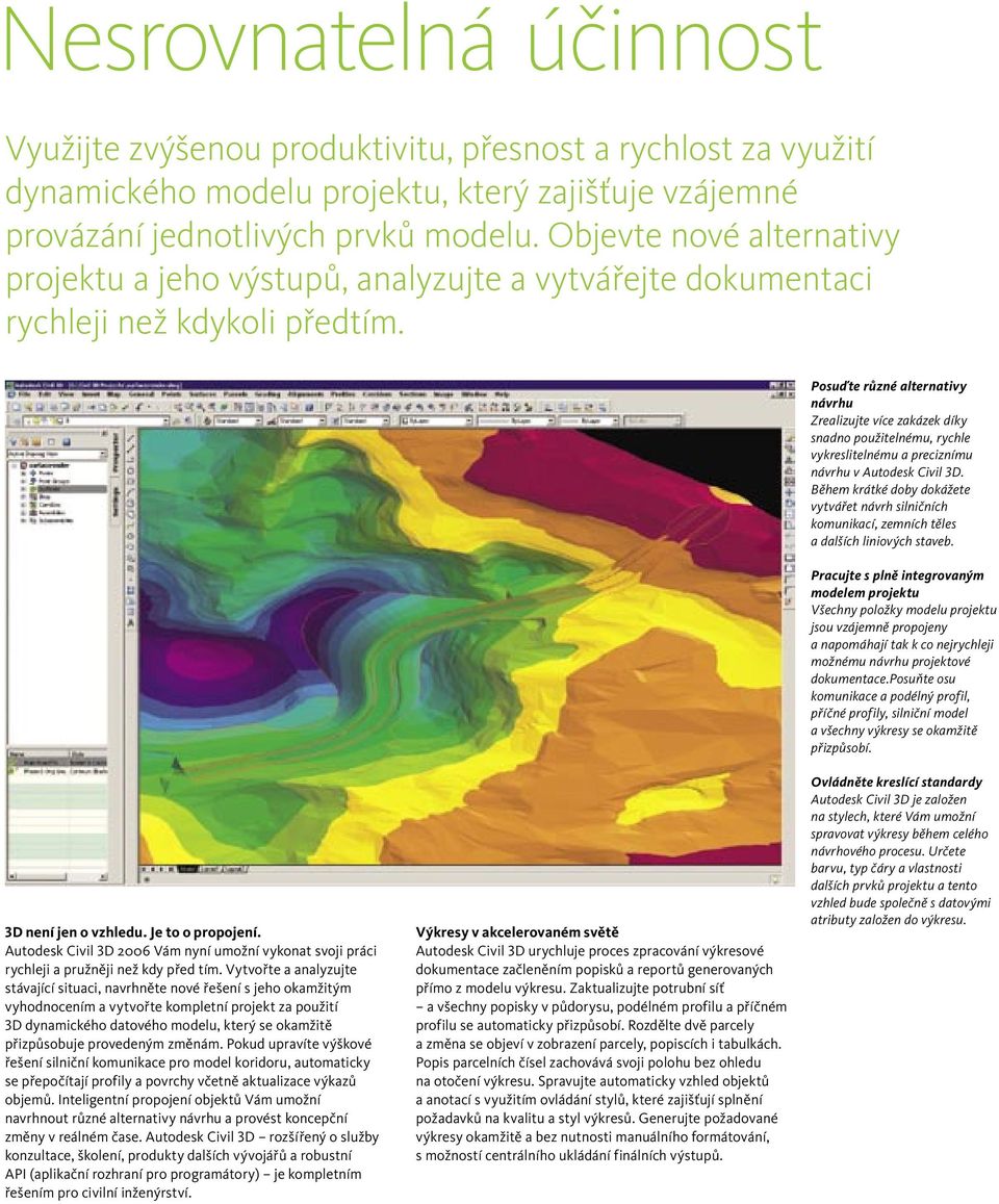 Posuďte různé alternativy návrhu Zrealizujte více zakázek díky snadno použitelnému, rychle vykreslitelnému a preciznímu návrhu v Autodesk Civil 3D.