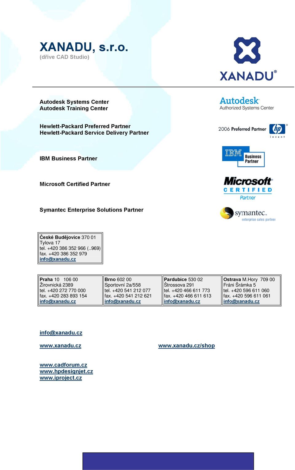 Certified Partner Symantec Enterprise Solutions Partner České Budějovice 370 01 Tylova 17 tel. +420 386 352 966 (..969) fax. +420 386 352 979 Praha 10 106 00 Žirovnická 2389 tel.