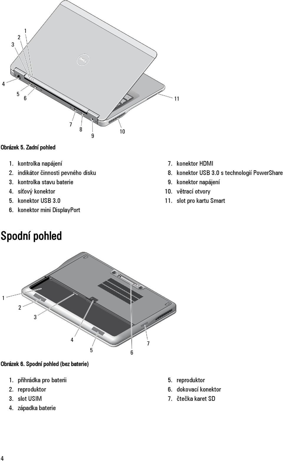 konektor napájení 10. větrací otvory 11. slot pro kartu Smart Spodní pohled Obrázek 6. Spodní pohled (bez baterie) 1.