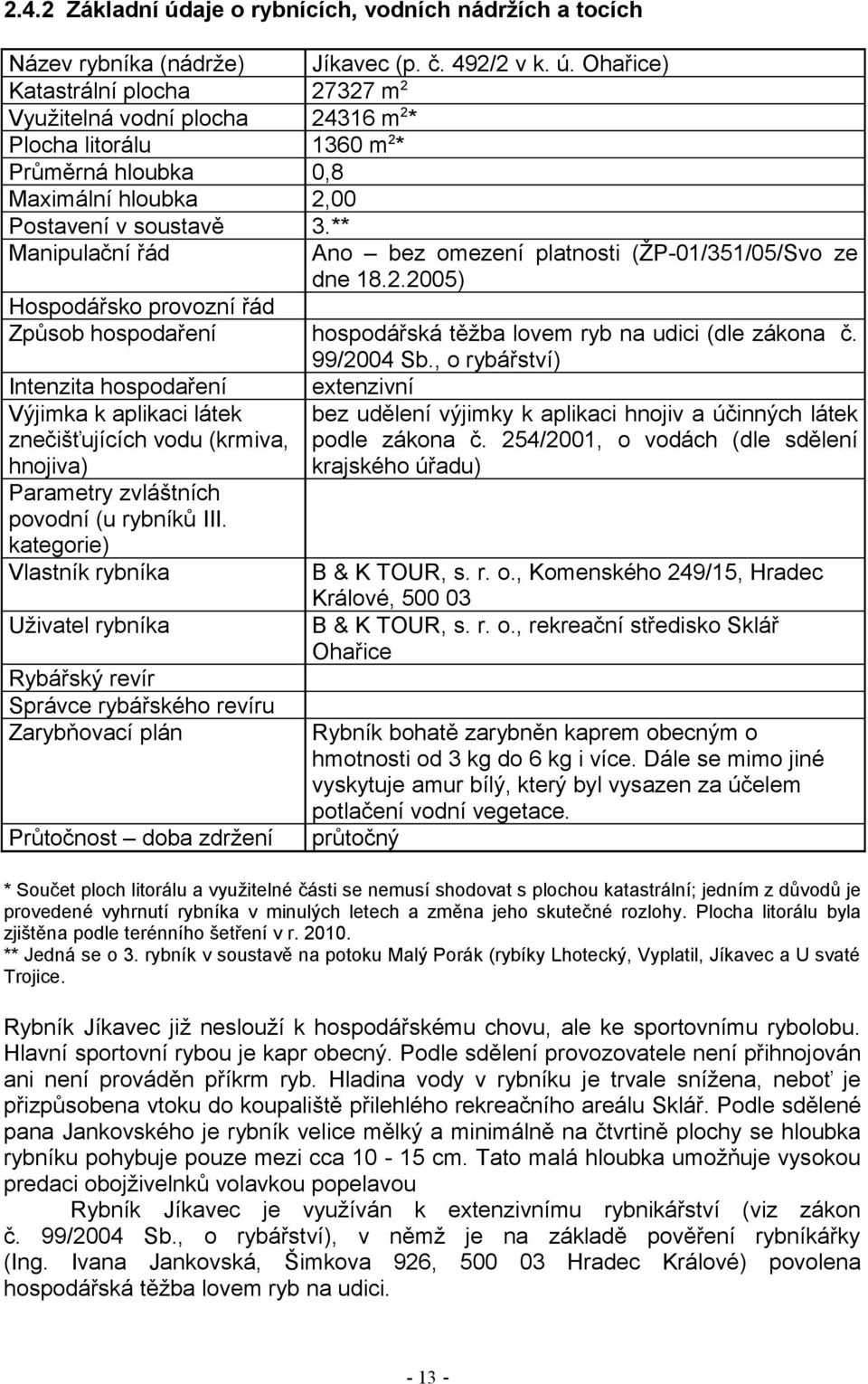 , o rybářství) Intenzita hospodaření Výjimka k aplikaci látek znečišťujících vodu (krmiva, hnojiva) Parametry zvláštních povodní (u rybníků III.