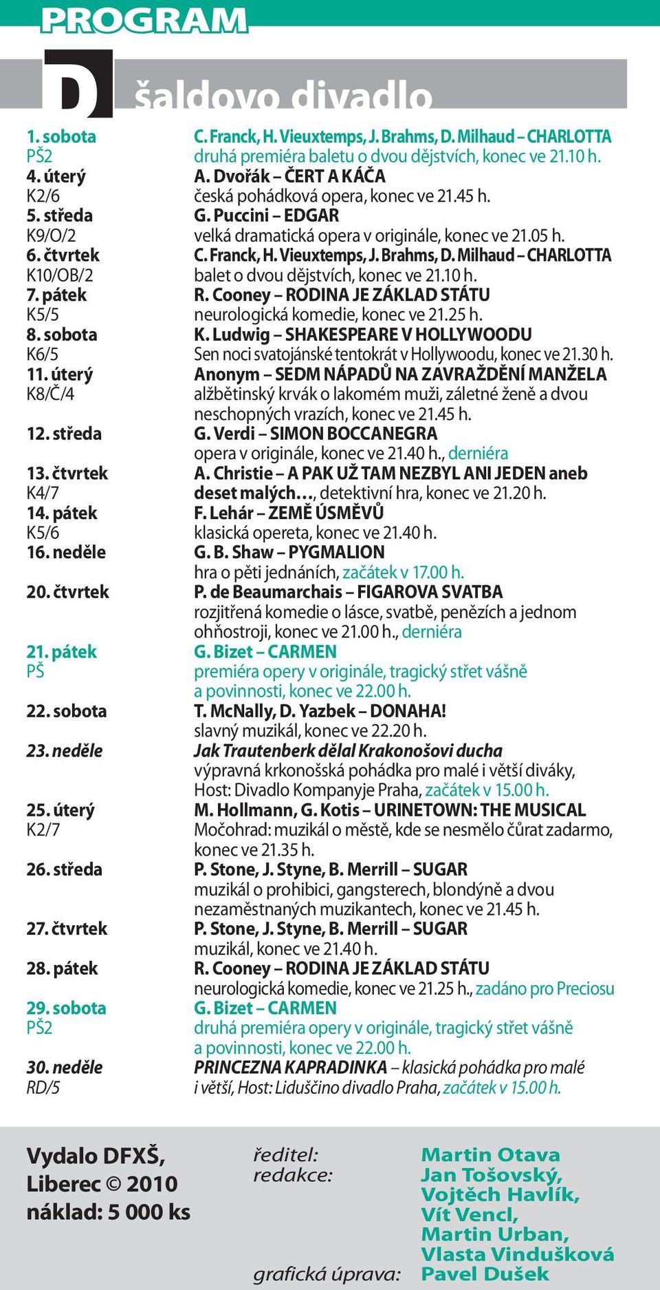 Brahms, D. Milhaud CHARLOTTA K10/OB/2 balet o dvou dějstvích, konec ve 21.10 h. 7. pátek R. Cooney RODINA JE ZÁKLAD STÁTU K5/5 neurologická komedie, konec ve 21.25 h. 8. sobota K.