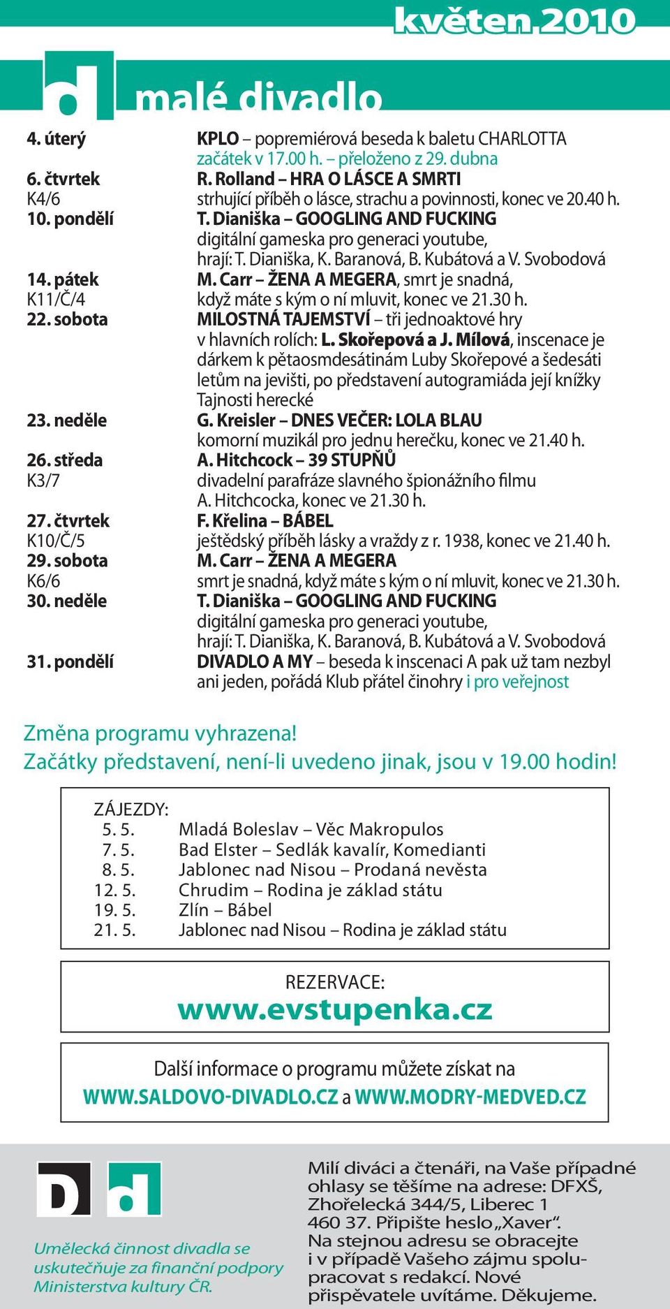 Dianiška, K. Baranová, B. Kubátová a V. Svobodová 14. pátek M. Carr ŽENA A MEGERA, smrt je snadná, K11/Č/4 když máte s kým o ní mluvit, konec ve 21.30 h. 22.