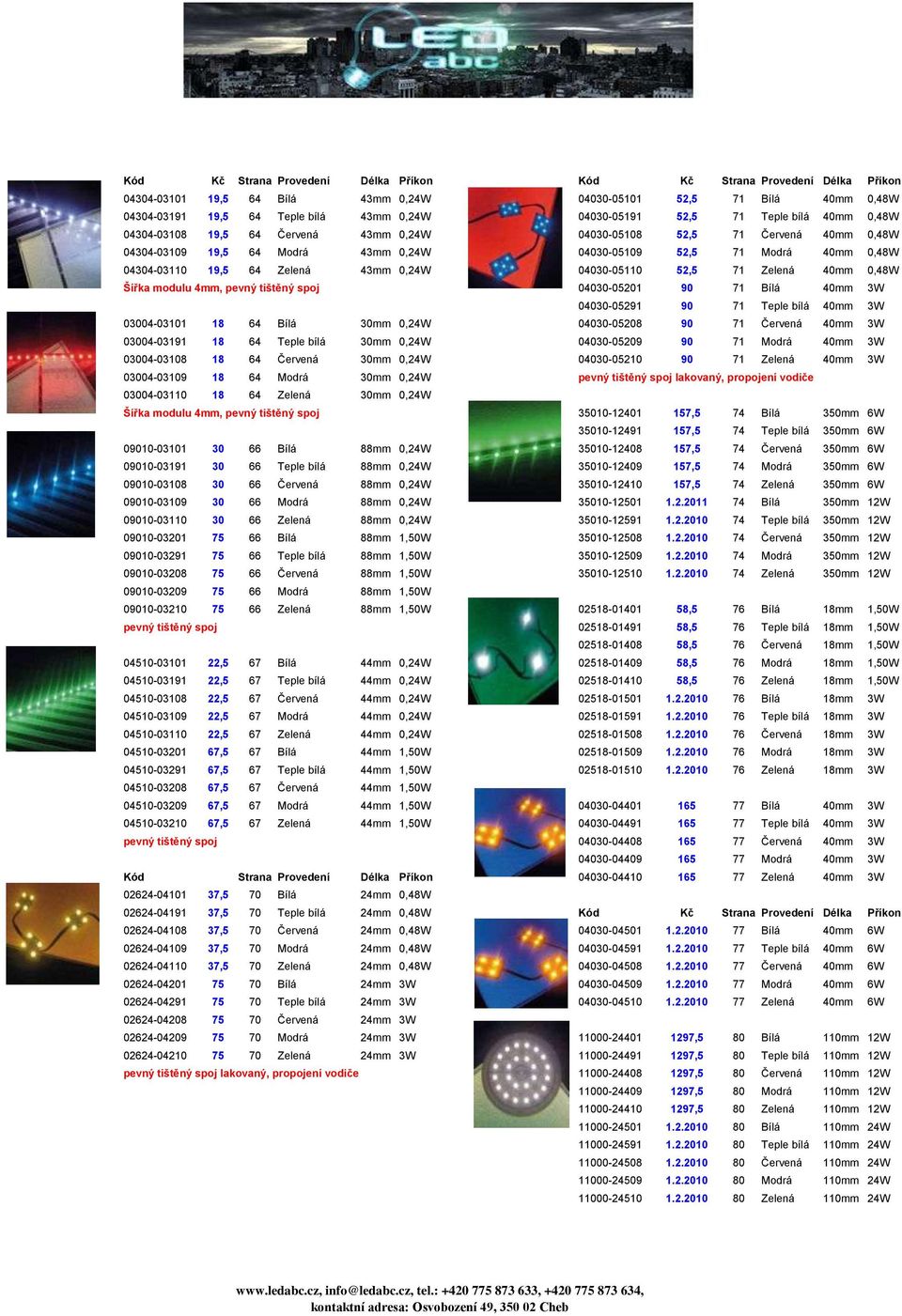 64 Zelená 43mm 0,24W 04030-05110 52,5 71 Zelená 40mm 0,48W Šířka modulu 4mm, pevný tištěný spoj 04030-05201 90 71 Bílá 40mm 3W 04030-05291 90 71 Teple bílá 40mm 3W 03004-03101 18 64 Bílá 30mm 0,24W