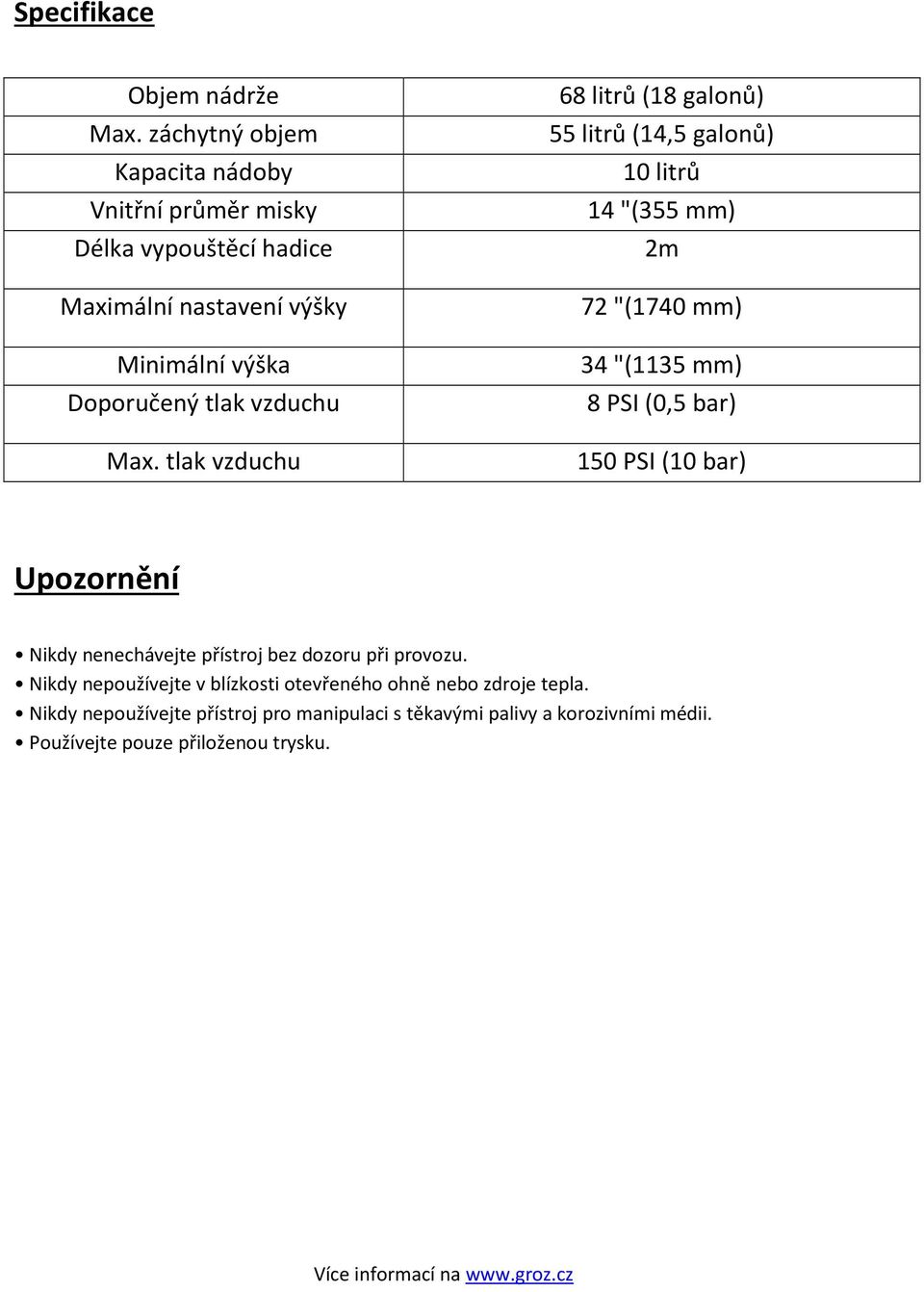 Max. tlak vzduchu 68 litrů (18 galonů) 55 litrů (14,5 galonů) 10 litrů 14 "(355 mm) 2m 72 "(1740 mm) 34 "(1135 mm) 8 PSI (0,5 bar) 150 PSI