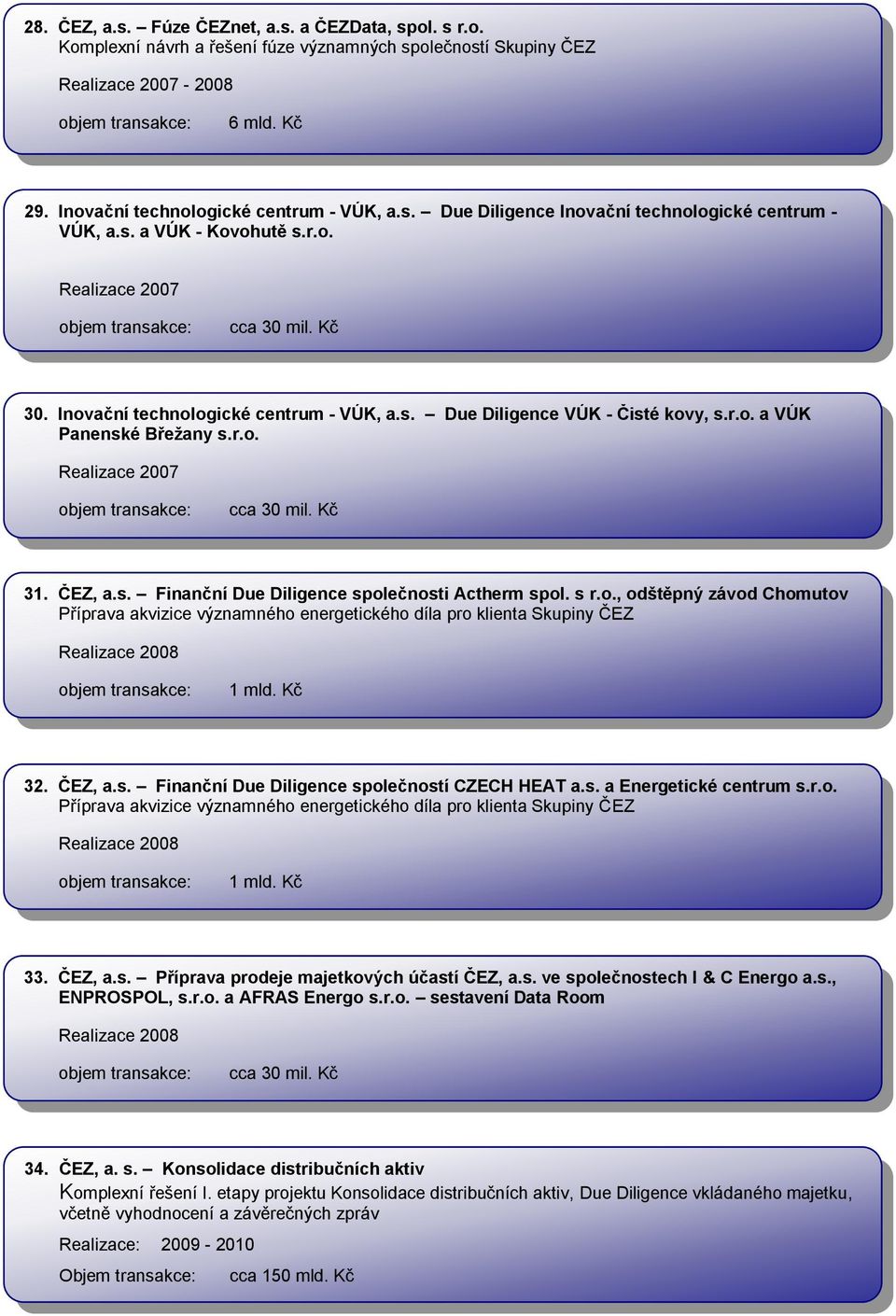 s r.o., odštěpný závod Chomutov Příprava akvizice významného energetického díla pro klienta Skupiny ČEZ 32. ČEZ, a.s. Finanční Due Diligence společností CZECH HEAT a.s. a Energetické centrum s.r.o. Příprava akvizice významného energetického díla pro klienta Skupiny ČEZ 33.