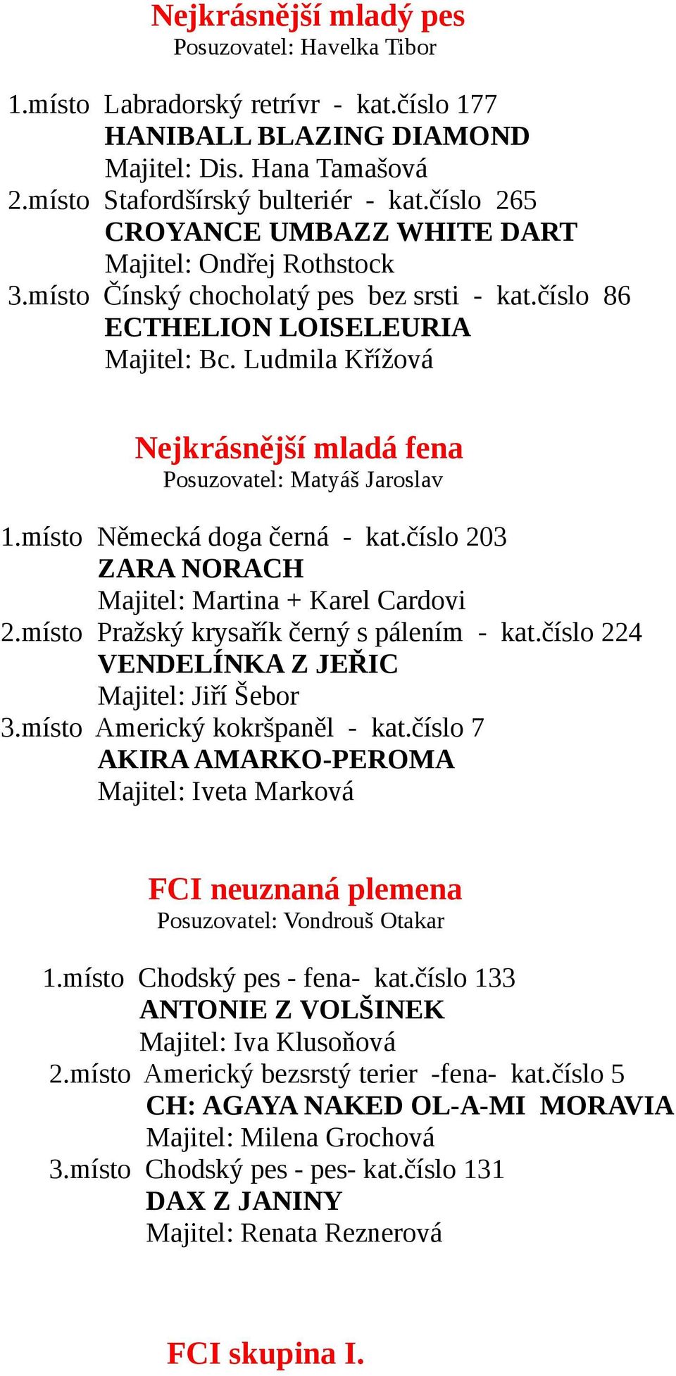Ludmila Křížová Nejkrásnější mladá fena Posuzovatel: Matyáš Jaroslav 1.místo Německá doga černá - kat.číslo 203 ZARA NORACH Majitel: Martina + Karel Cardovi 2.