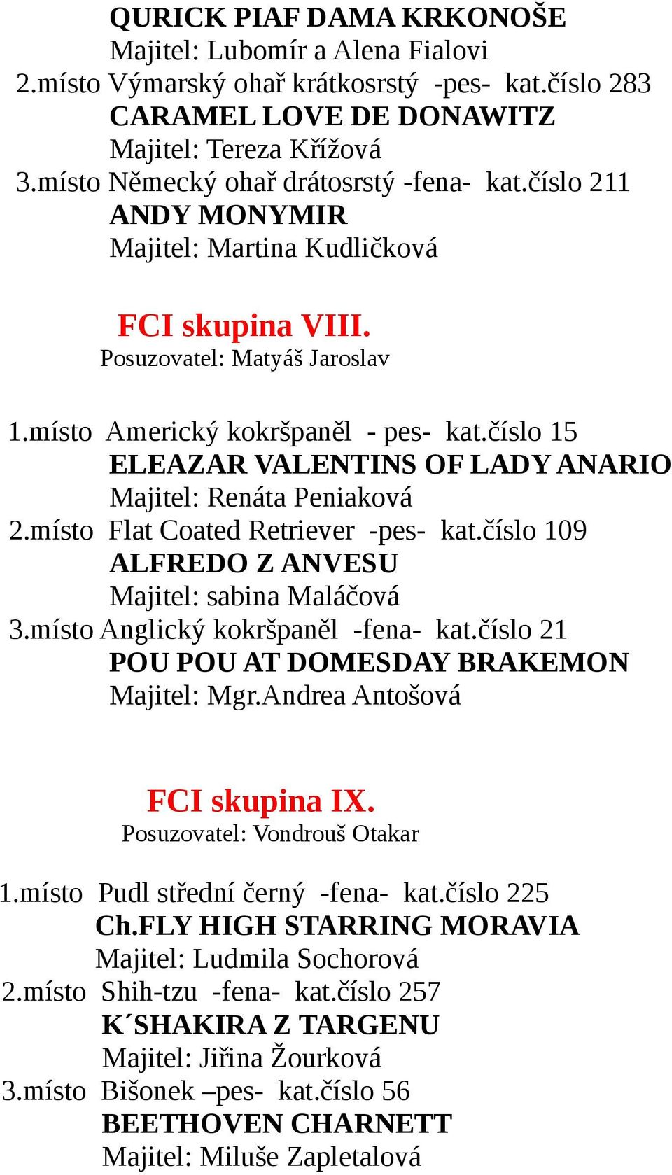 číslo 15 ELEAZAR VALENTINS OF LADY ANARIO Majitel: Renáta Peniaková 2.místo Flat Coated Retriever -pes- kat.číslo 109 ALFREDO Z ANVESU Majitel: sabina Maláčová 3.místo Anglický kokršpaněl -fena- kat.