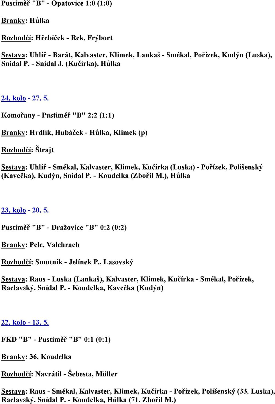 Komořany - Pustiměř "B" 2:2 (1:1) Branky: Hrdlík, Hubáček - Hůlka, Klimek (p) Rozhodčí: Štrajt Sestava: Uhlíř - Smékal, Kalvaster, Klimek, Kučírka (Luska) - Pořízek, Polišenský (Kavečka), Kudýn,