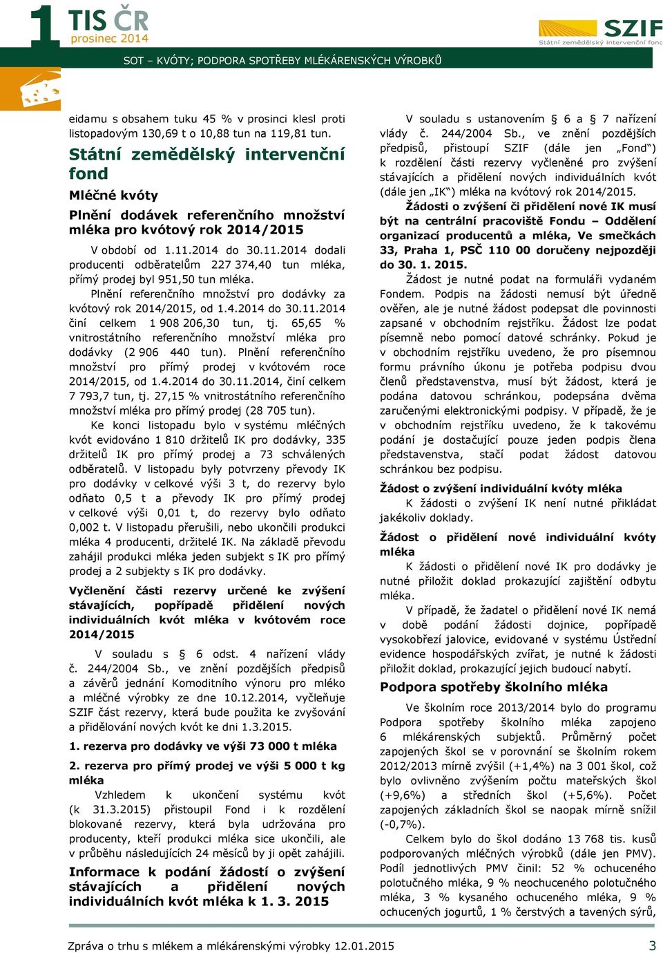 do 30.11. dodali producenti odběratelům 227 374,40 tun mléka, přímý prodej byl 951,50 tun mléka. Plnění referenčního množství pro dodávky za kvótový rok /2015, od 1.4. do 30.11. činí celkem 1 908 206,30 tun, tj.