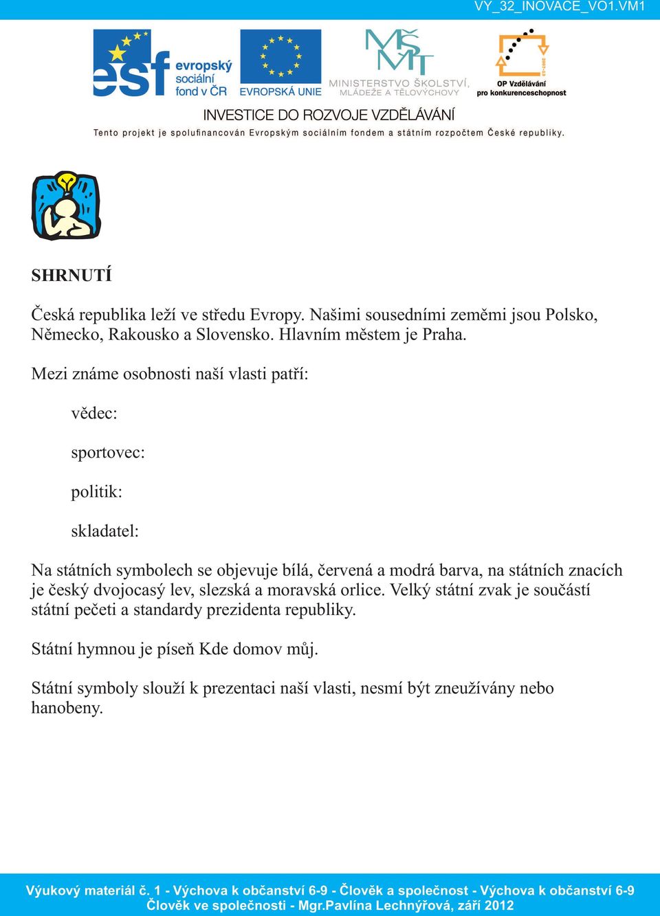 Mezi známe osobnosti naší vlasti patří: vědec: sportovec: politik: skladatel: Na státních symbolech se objevuje bílá, červená a modrá