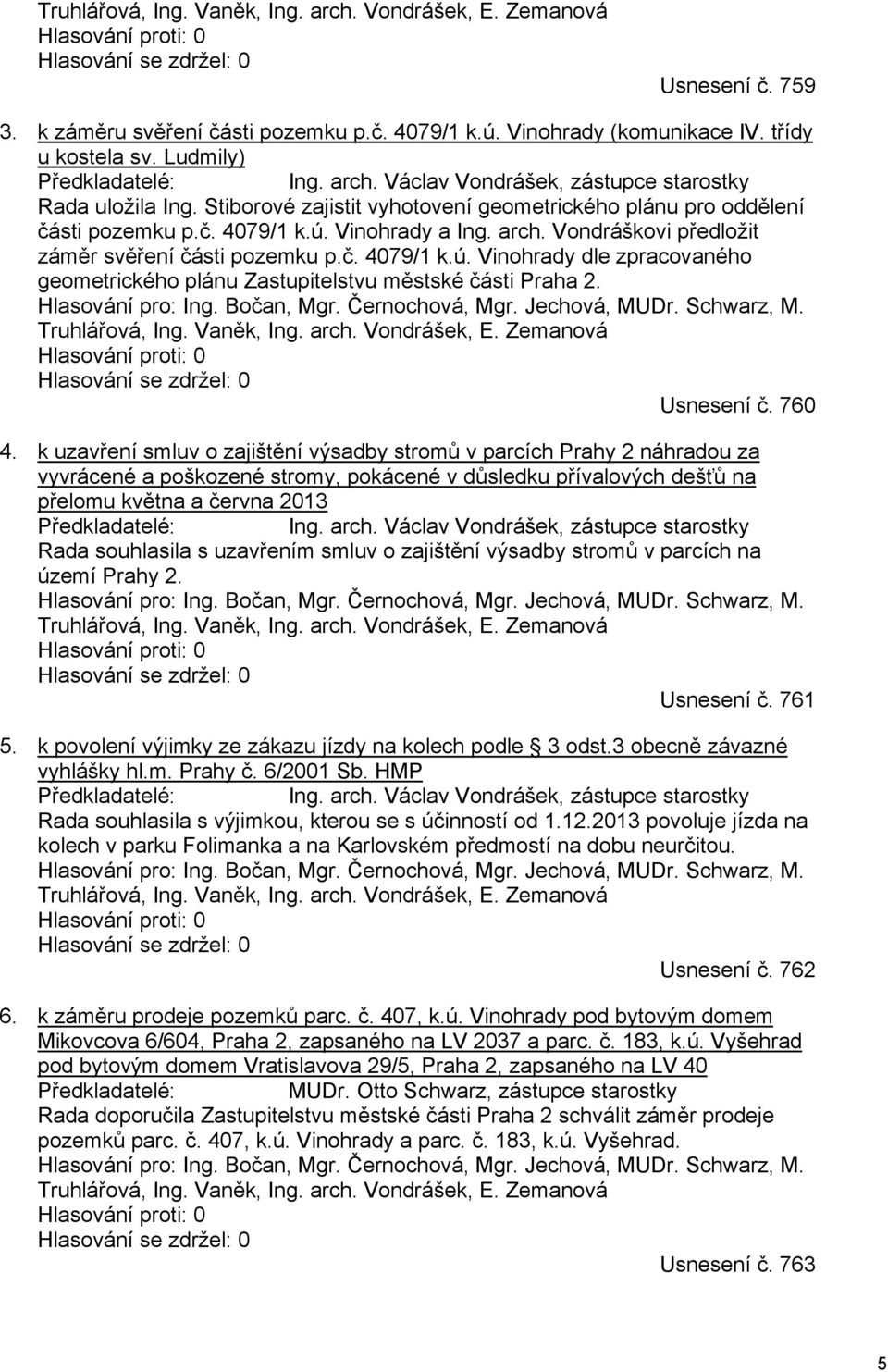 ú. Vinohrady a Ing. arch. Vondráškovi předložit záměr svěření části pozemku p.č. 4079/1 k.ú. Vinohrady dle zpracovaného geometrického plánu Zastupitelstvu městské části Praha 2. Hlasování pro: Ing.