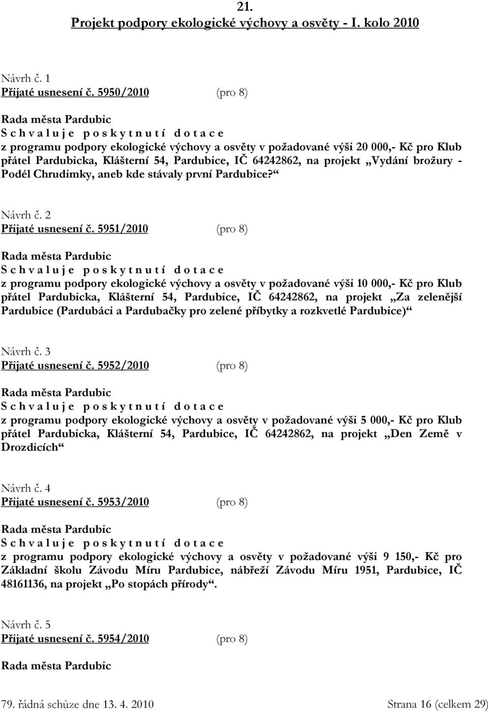Chrudimky, aneb kde stávaly první Pardubice? Návrh č. 2 Přijaté usnesení č.