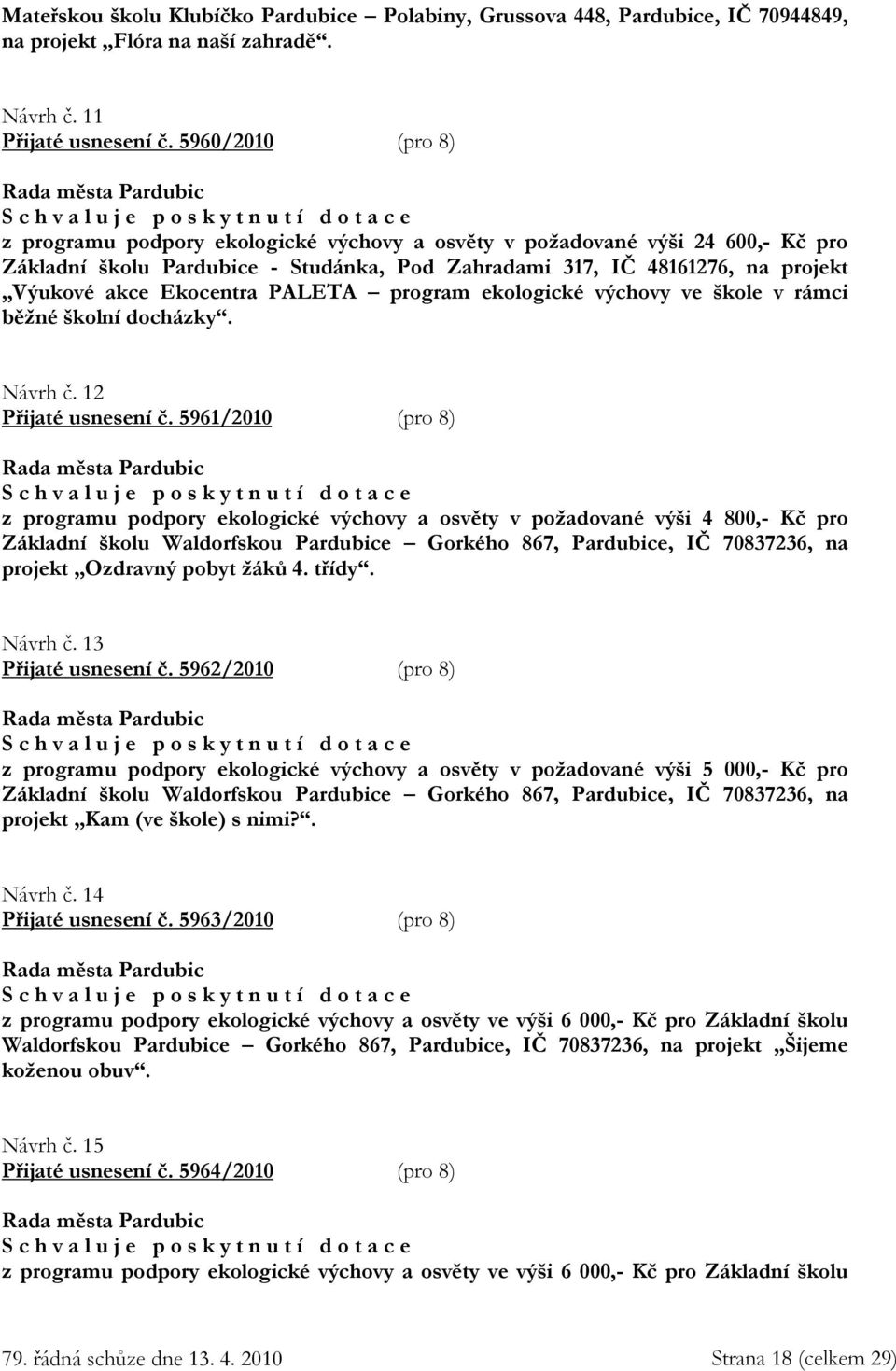 Ekocentra PALETA program ekologické výchovy ve škole v rámci běžné školní docházky. Návrh č. 12 Přijaté usnesení č.
