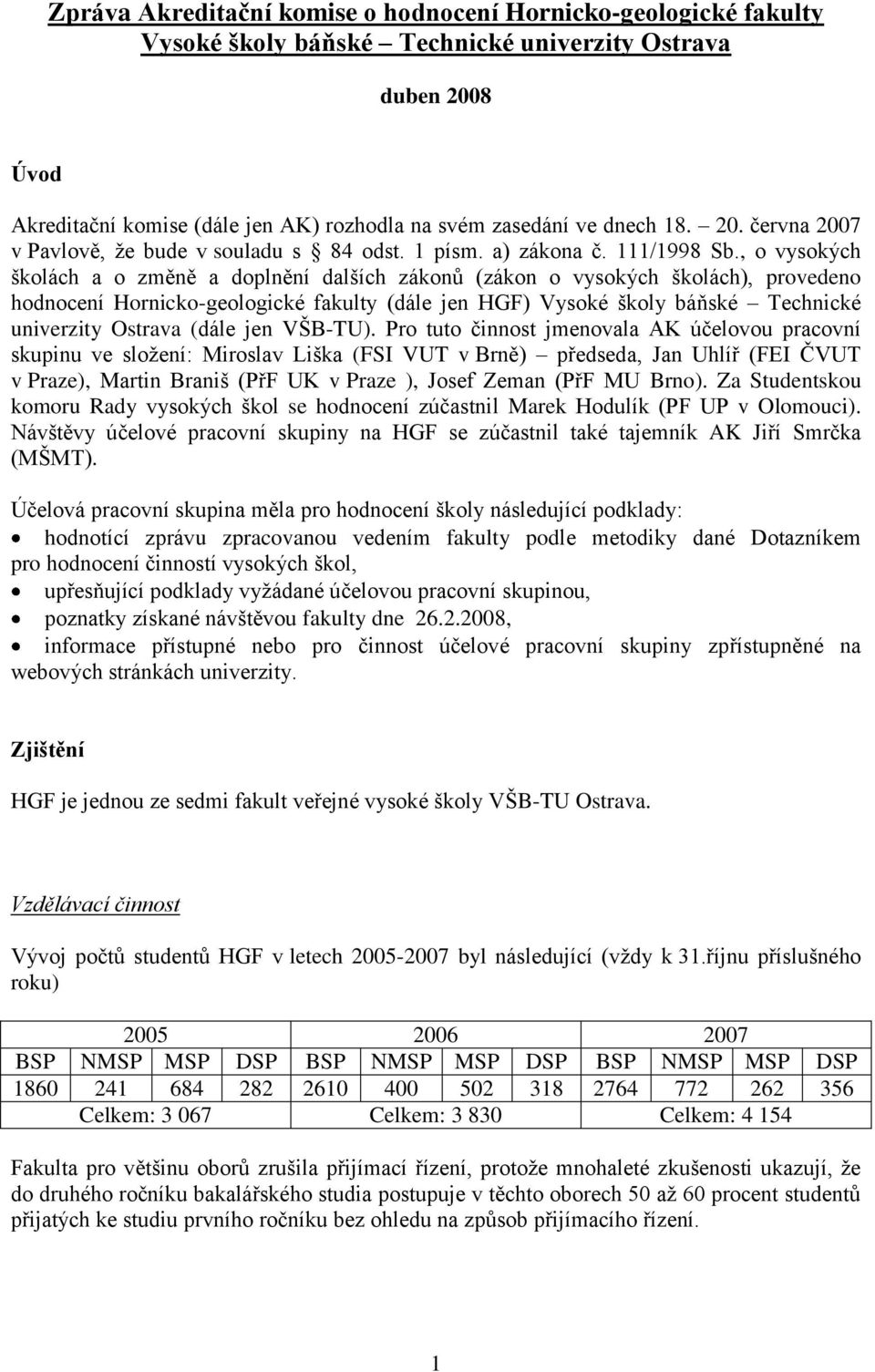 , o vysokých školách a o změně a doplnění dalších zákonů (zákon o vysokých školách), provedeno hodnocení Hornicko-geologické fakulty (dále jen HGF) Vysoké školy báňské Technické univerzity Ostrava