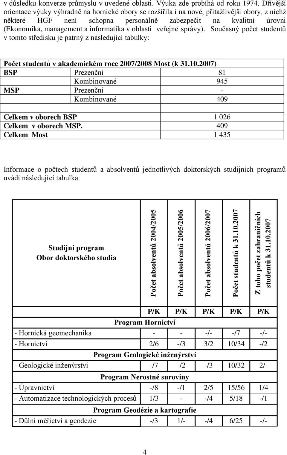 Dřívější orientace výuky výhradně na hornické obory se rozšířila i na nové, přitaţlivější obory, z nichţ některé HGF není schopna personálně zabezpečit na kvalitní úrovni (Ekonomika, management a