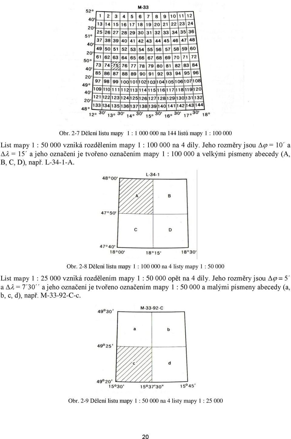 2-8 Dělení listu mapy 1 : 100 000 na 4 listy mapy 1 : 50 000 List mapy 1 : 25 000 vzniká rozdělením mapy 1 : 50 000 opět na 4 díly.