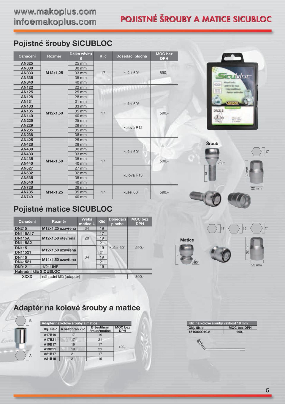 AN540 AN72 AN735 AN740 Rozměr M12x1,25 M12x1,50 M14x1,50 M14x1,25 Délka závitu S 30 mm 33 mm 40 mm 2 mm 31 mm 33 mm 40 mm 29 mm 3 mm 2 mm 30 mm 33 mm 40 mm 32 mm 40 mm 2 mm 40 mm Klíč Dosedací plocha