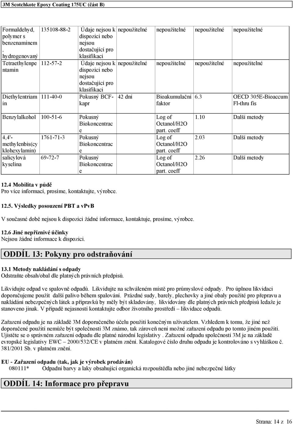 3 OECD 305E-Bioaccum Fl-thru fis Benzylalkohol 100-51-6 Pokusný Biokoncentrac e 111-40-0 Pokusný BCFkapr 4,4'- methylenbis(cy klohexylamin) salicylová kyselina 1761-71-3 Pokusný Biokoncentrac e