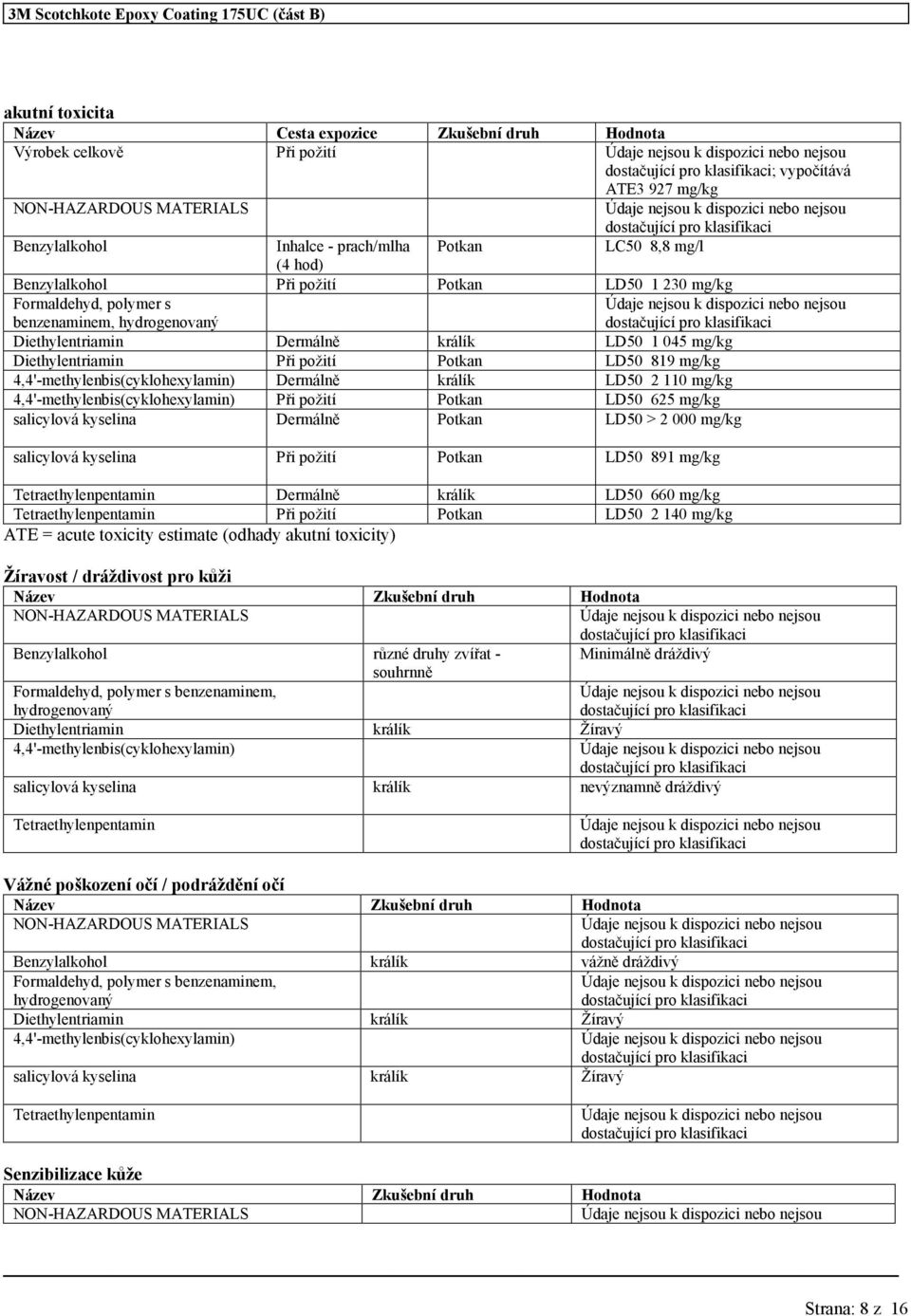 4,4'-methylenbis(cyklohexylamin) Dermálně králík LD50 2 110 mg/kg 4,4'-methylenbis(cyklohexylamin) Při požití Potkan LD50 625 mg/kg salicylová kyselina Dermálně Potkan LD50 > 2 000 mg/kg salicylová