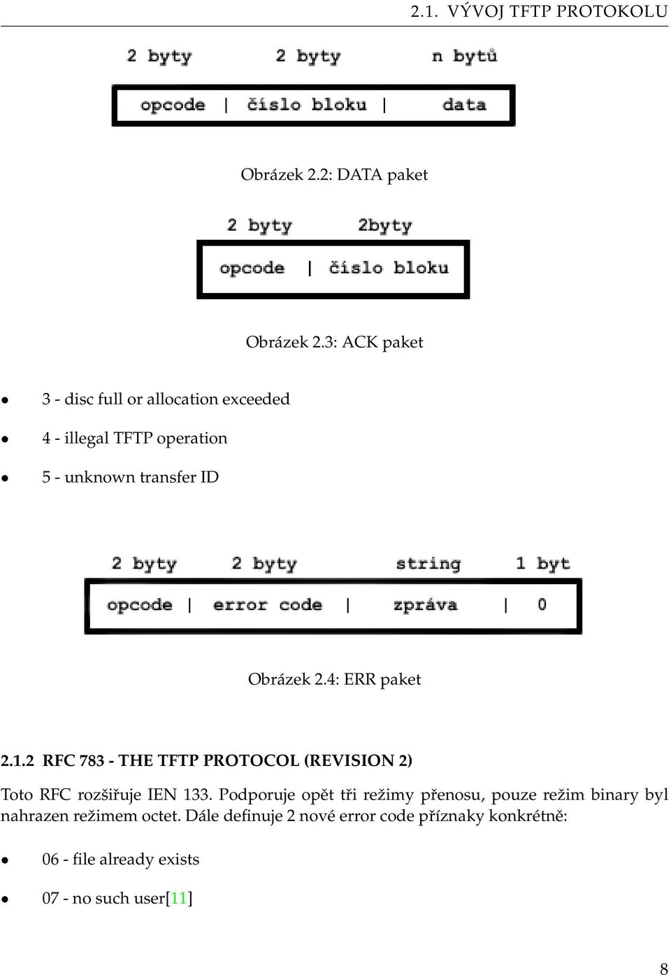 4: ERR paket 2.1.2 RFC 783 - THE TFTP PROTOCOL (REVISION 2) Toto RFC rozšiřuje IEN 133.