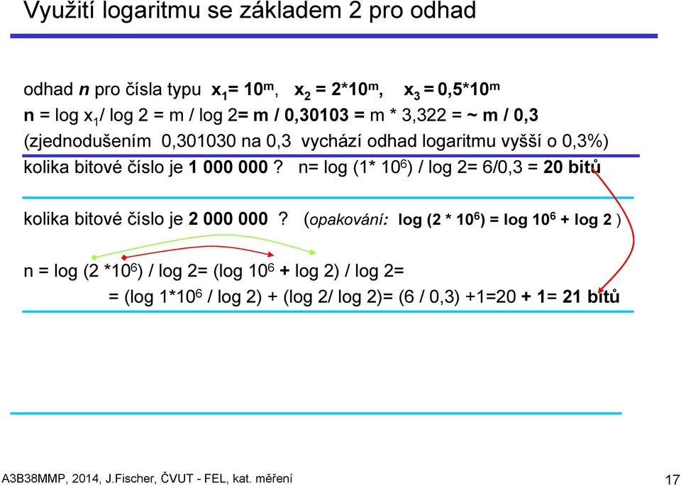 n= log (1* 10 6 ) / log 2= 6/0,3 = 20 bitů kolika bitové číslo je 2 000 000?