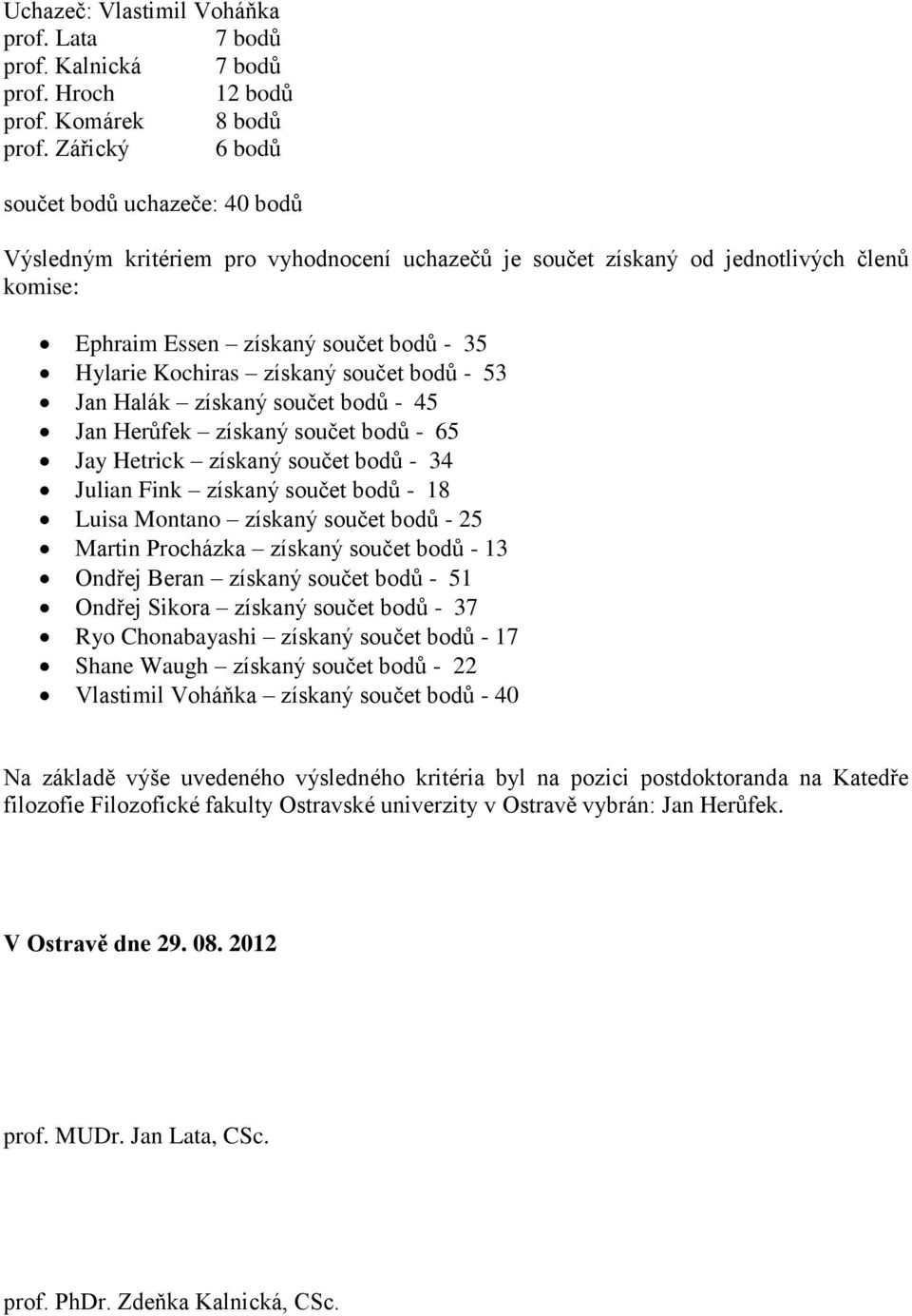 získaný součet bodů - 53 Jan Halák získaný součet bodů - 45 Jan Herůfek získaný součet bodů - 65 Jay Hetrick získaný součet bodů - 34 Julian Fink získaný součet bodů - 18 Luisa Montano získaný součet