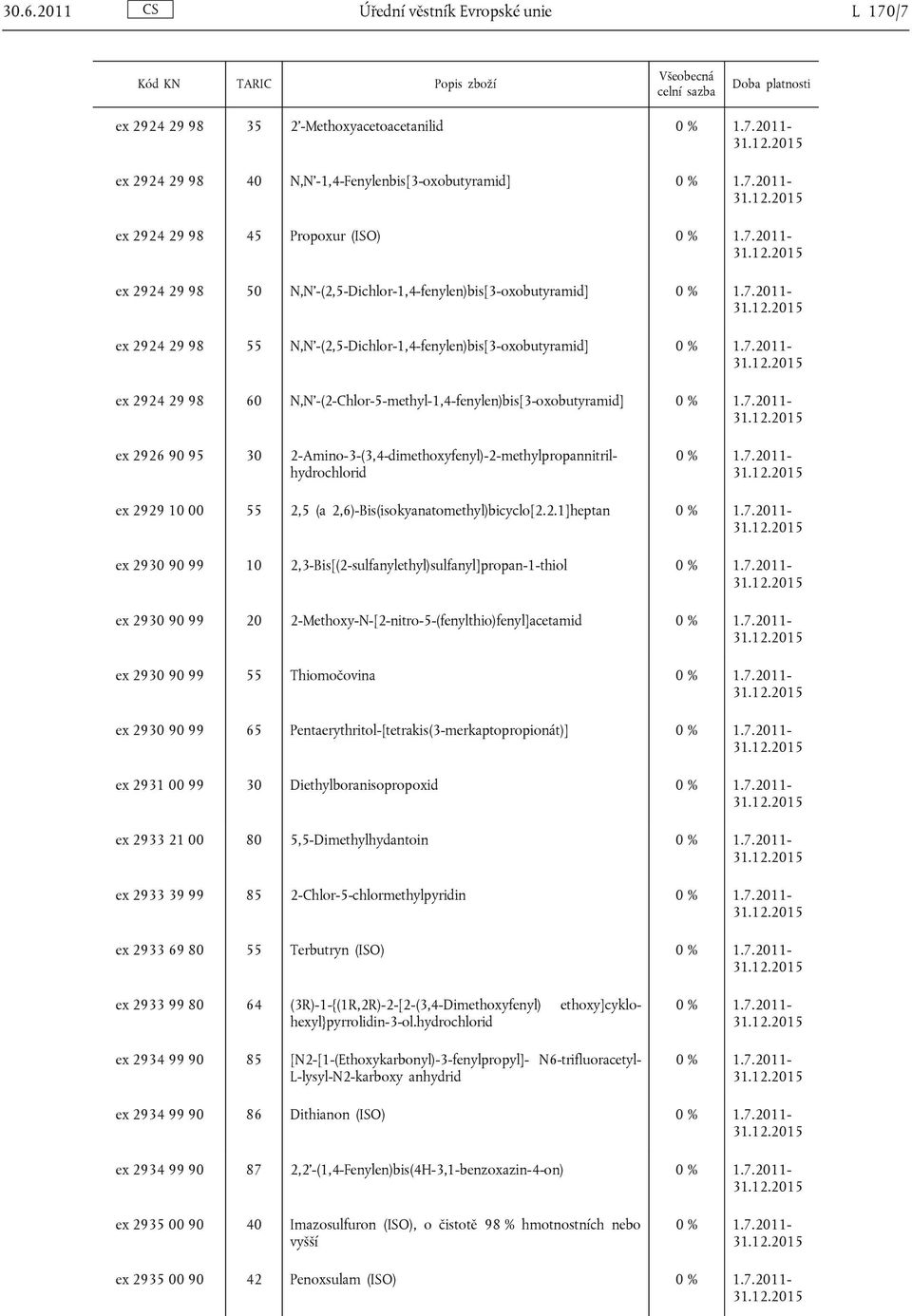 30 2-Amino-3-(3,4-dimethoxyfenyl)-2-methylpropannitrilhydrochlorid ex 2929 10 00 55 2,5 (a 2,6)-Bis(isokyanatomethyl)bicyclo[2.2.1]heptan ex 2930 90 99 10
