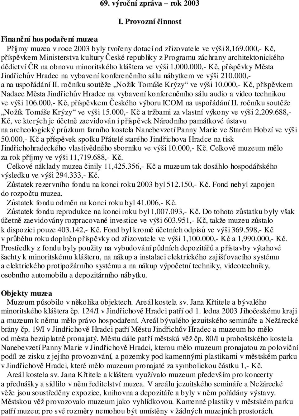 000,- Kč, příspěvky Města Jindřichův Hradec na vybavení konferenčního sálu nábytkem ve výši 210.000,- a na uspořádání II. ročníku soutěže Nožík Tomáše Krýzy ve výši 10.