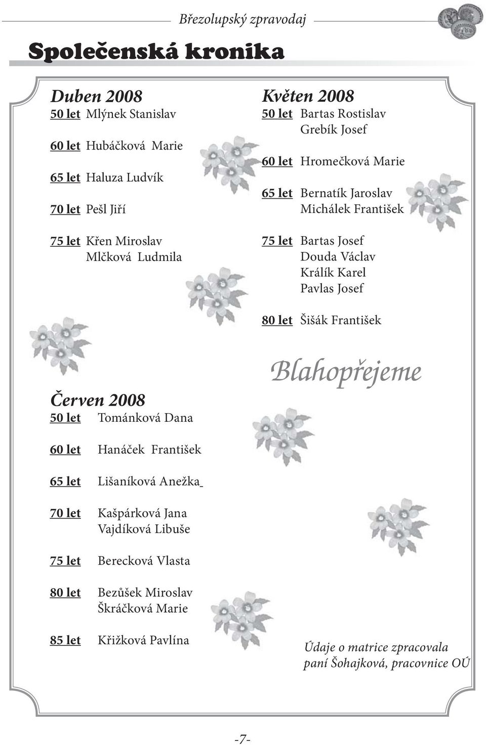 Pavlas Josef 80 let Šišák František Červen 2008 50 let Tománková Dana Blahopřejeme 60 let Hanáček František 65 let Lišaníková Anežka 70 let Kašpárková Jana