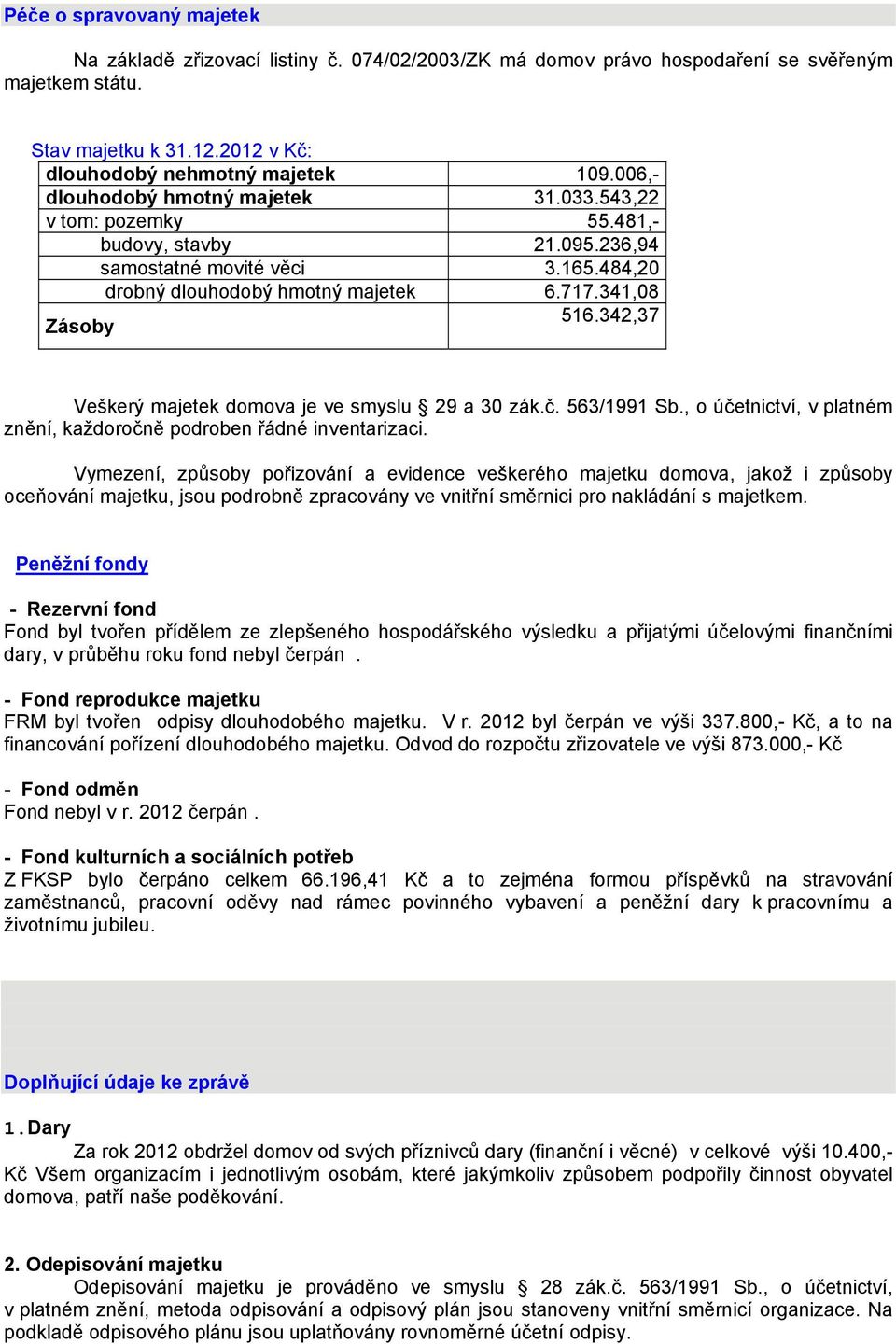 342,37 Veškerý majetek domova je ve smyslu 29 a 30 zák.č. 563/1991 Sb., o účetnictví, v platném znění, každoročně podroben řádné inventarizaci.