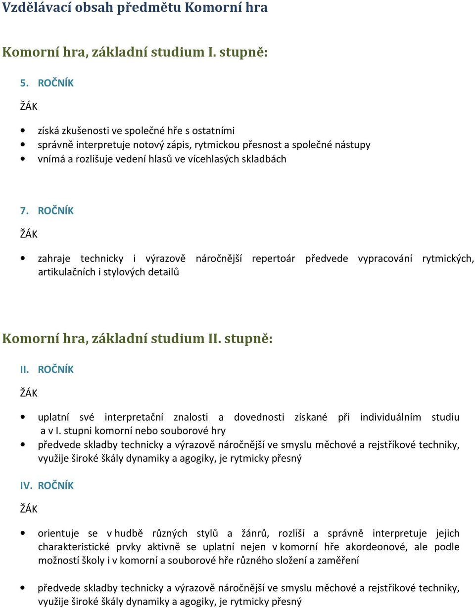 ROČNÍK zahraje technicky i výrazově náročnější repertoár předvede vypracování rytmických, artikulačních i stylových detailů Komorní hra, základní studium II. stupně: II.